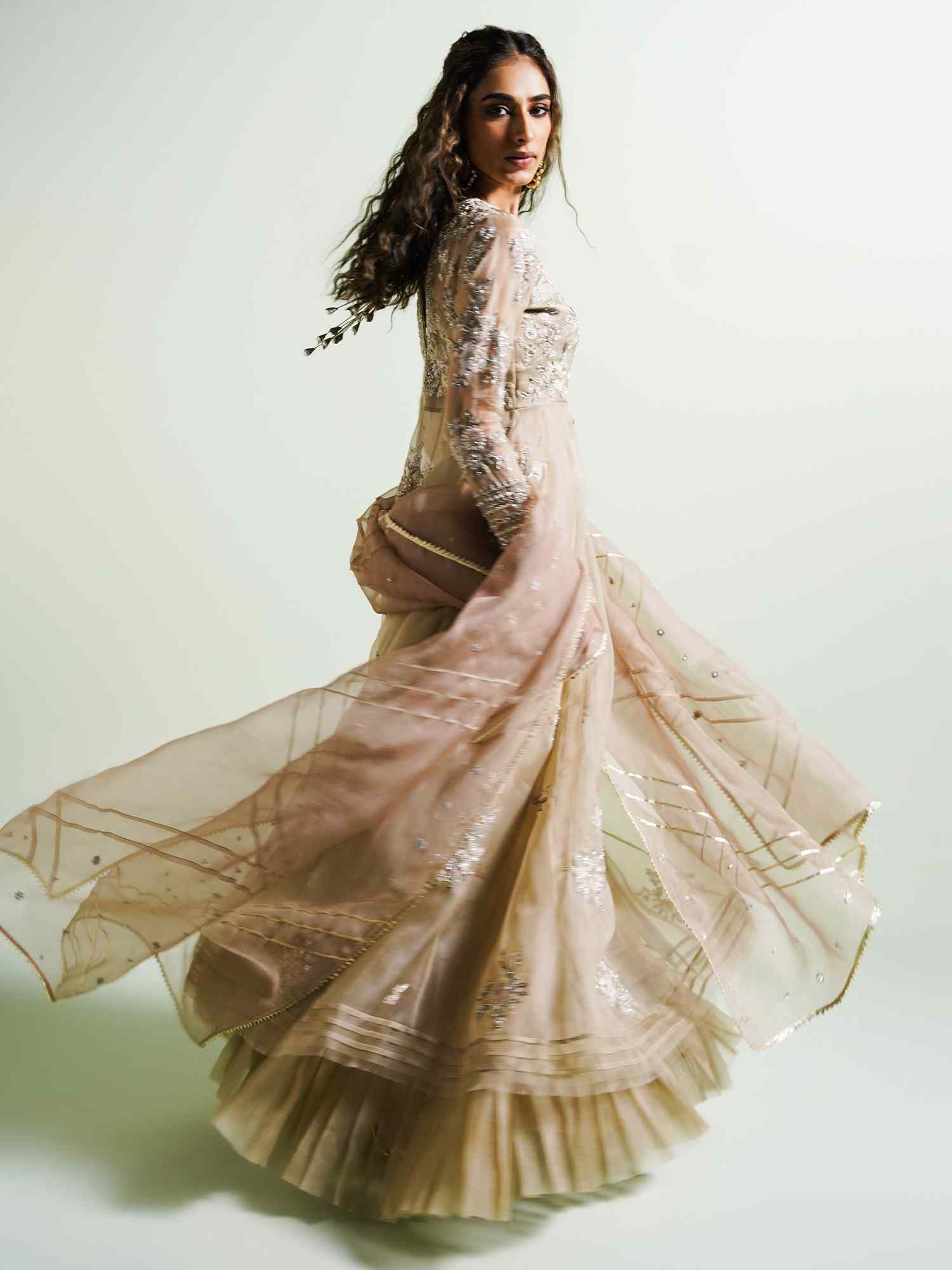 Pakistani Cream & Pale Pink Embroidered Organza Anarkali (2-Piece) - Image 4