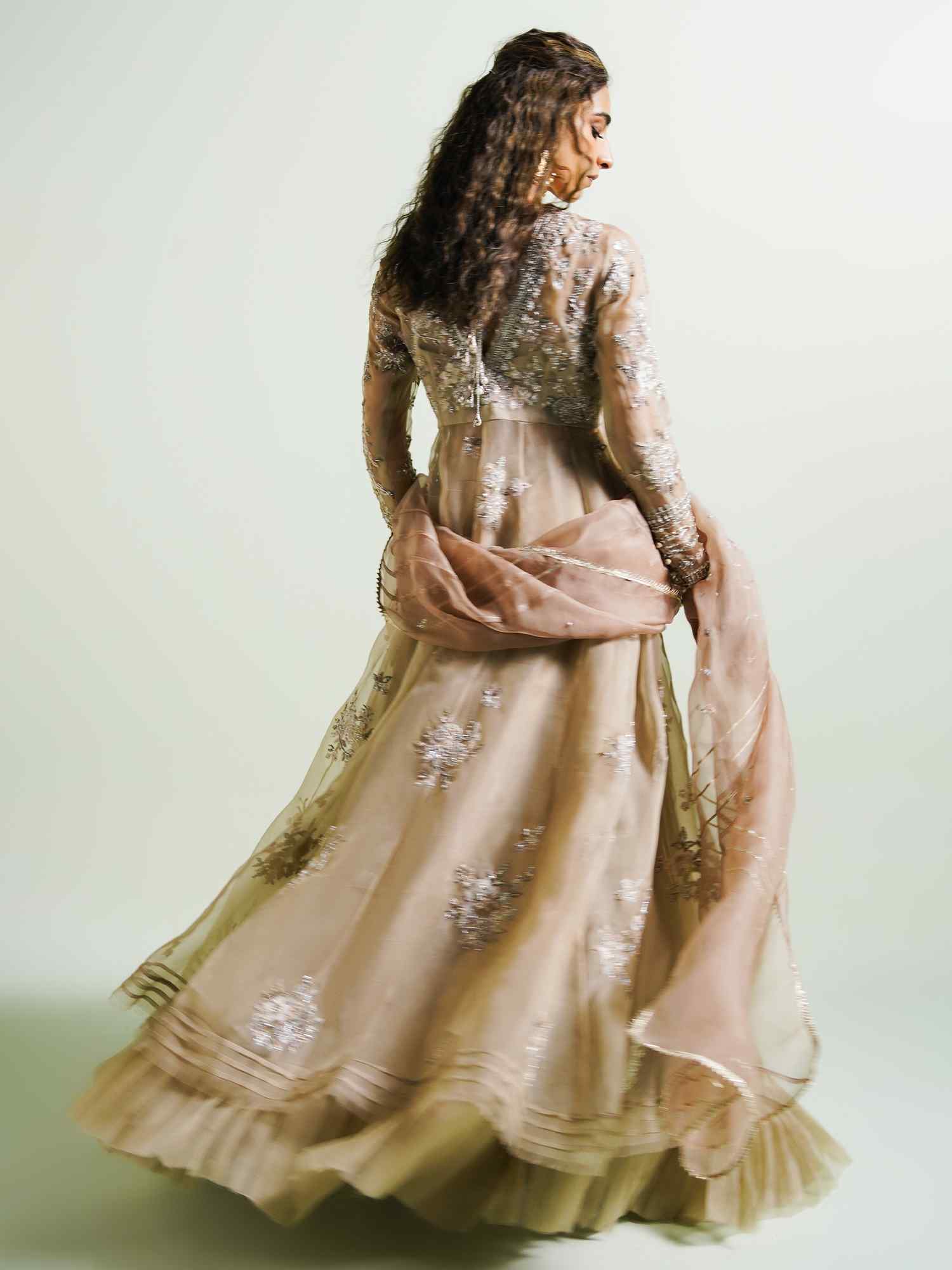 Pakistani Cream & Pale Pink Embroidered Organza Anarkali (2-Piece) - Image 5