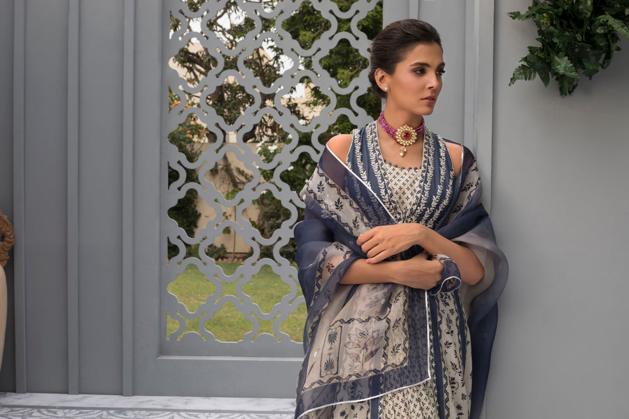 Pakistani Cream Blue Printed Khaddi Silk Anarkali Dress (3-Piece) - Image 3