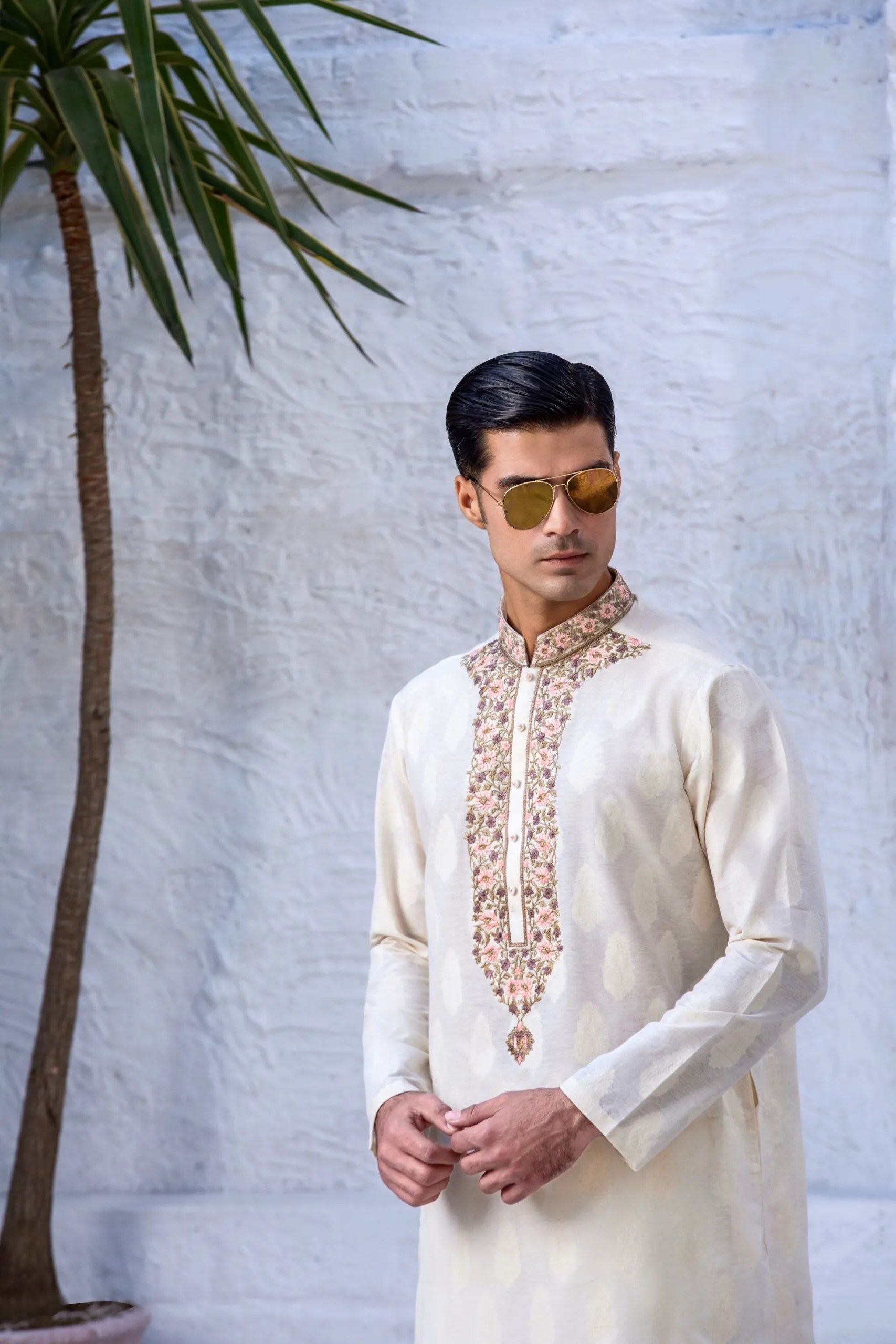 Cream Beige Embroidered Cotton Kurta (2-Piece) - Image 1