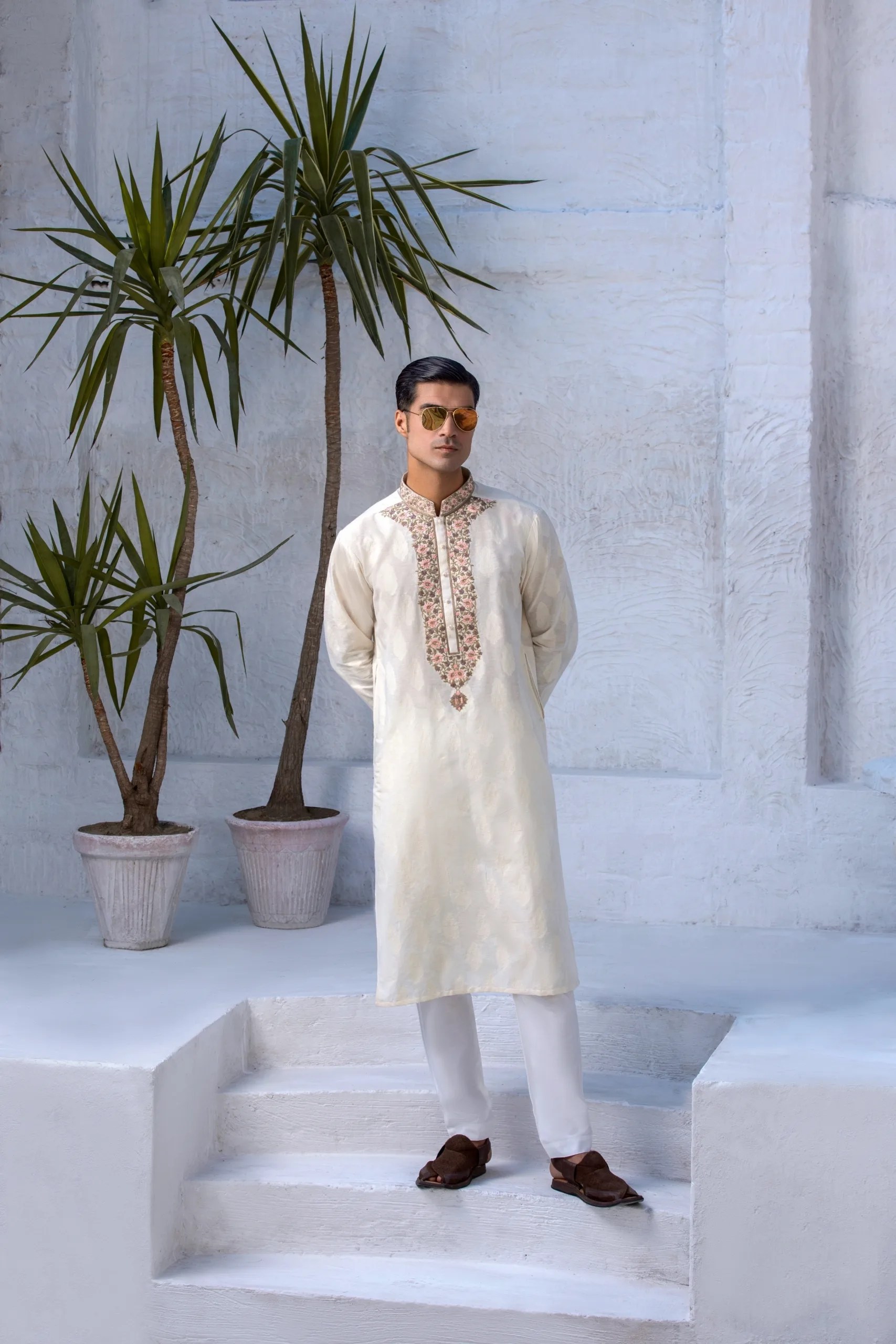 Cream Beige Embroidered Cotton Kurta (2-Piece) - Image 2