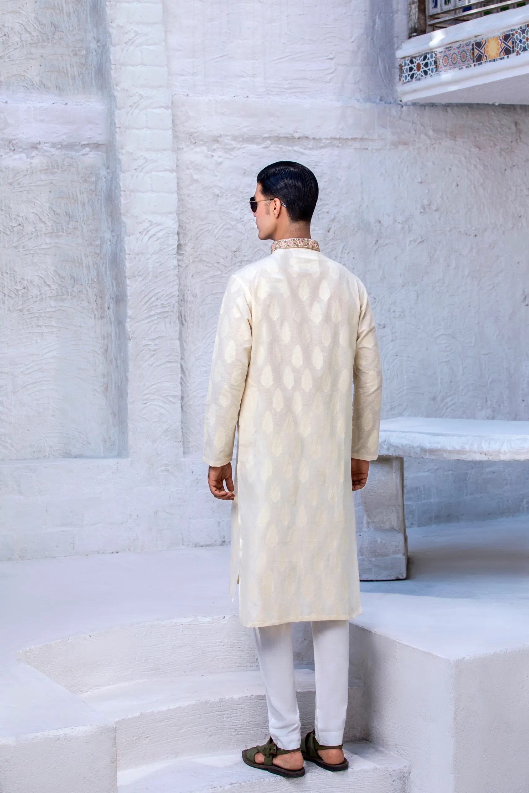 Cream Beige Embroidered Cotton Kurta (2-Piece) - Image 5