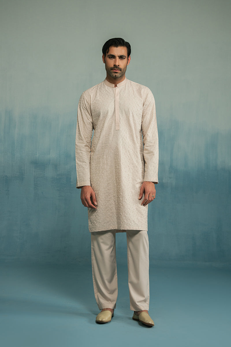 Cream Floral Embroidered Kurta Pajama (2-Piece) - Image 1