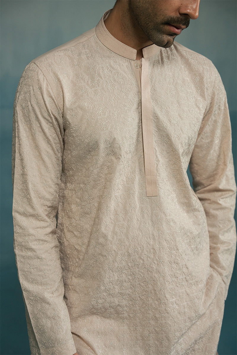 Cream Floral Embroidered Kurta Pajama (2-Piece) - Image 2