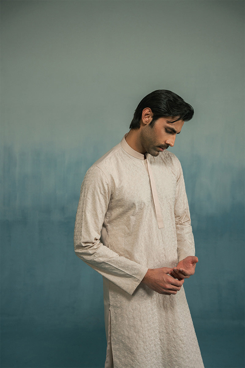 Cream Floral Embroidered Kurta Pajama (2-Piece) - Image 3