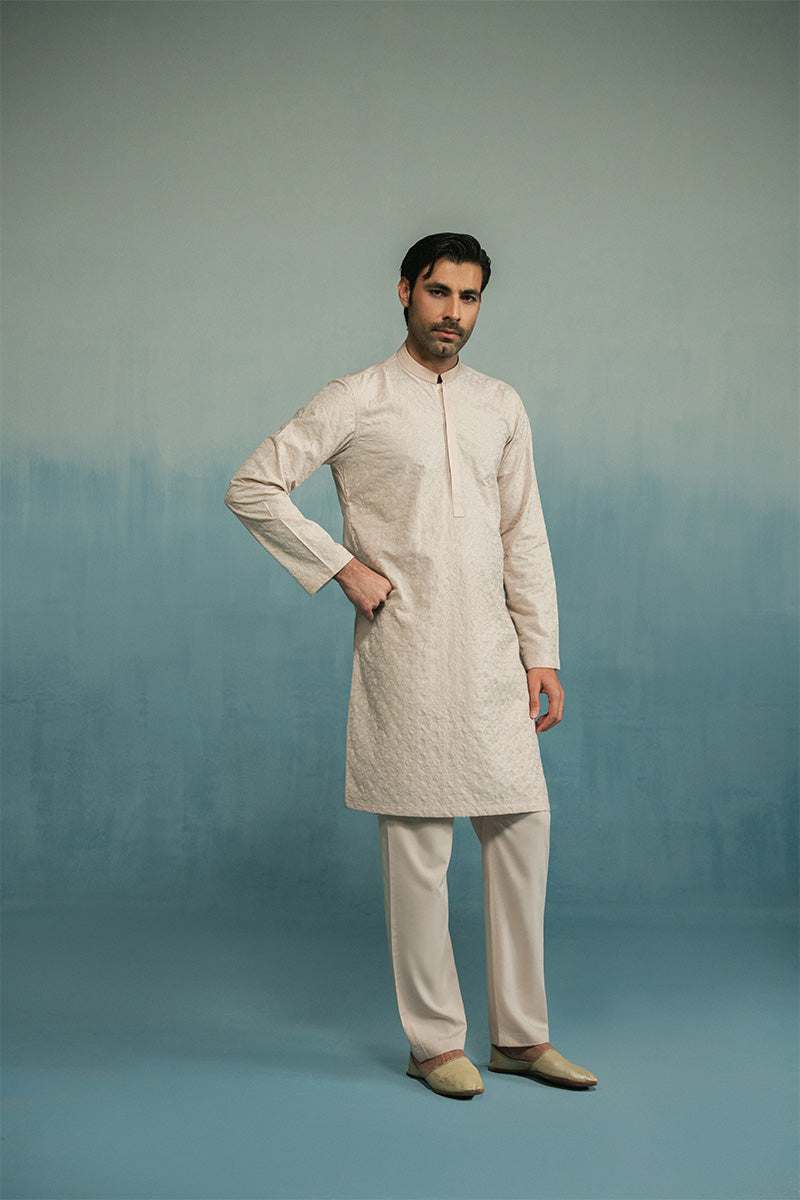 Cream Floral Embroidered Kurta Pajama (2-Piece) - Image 4