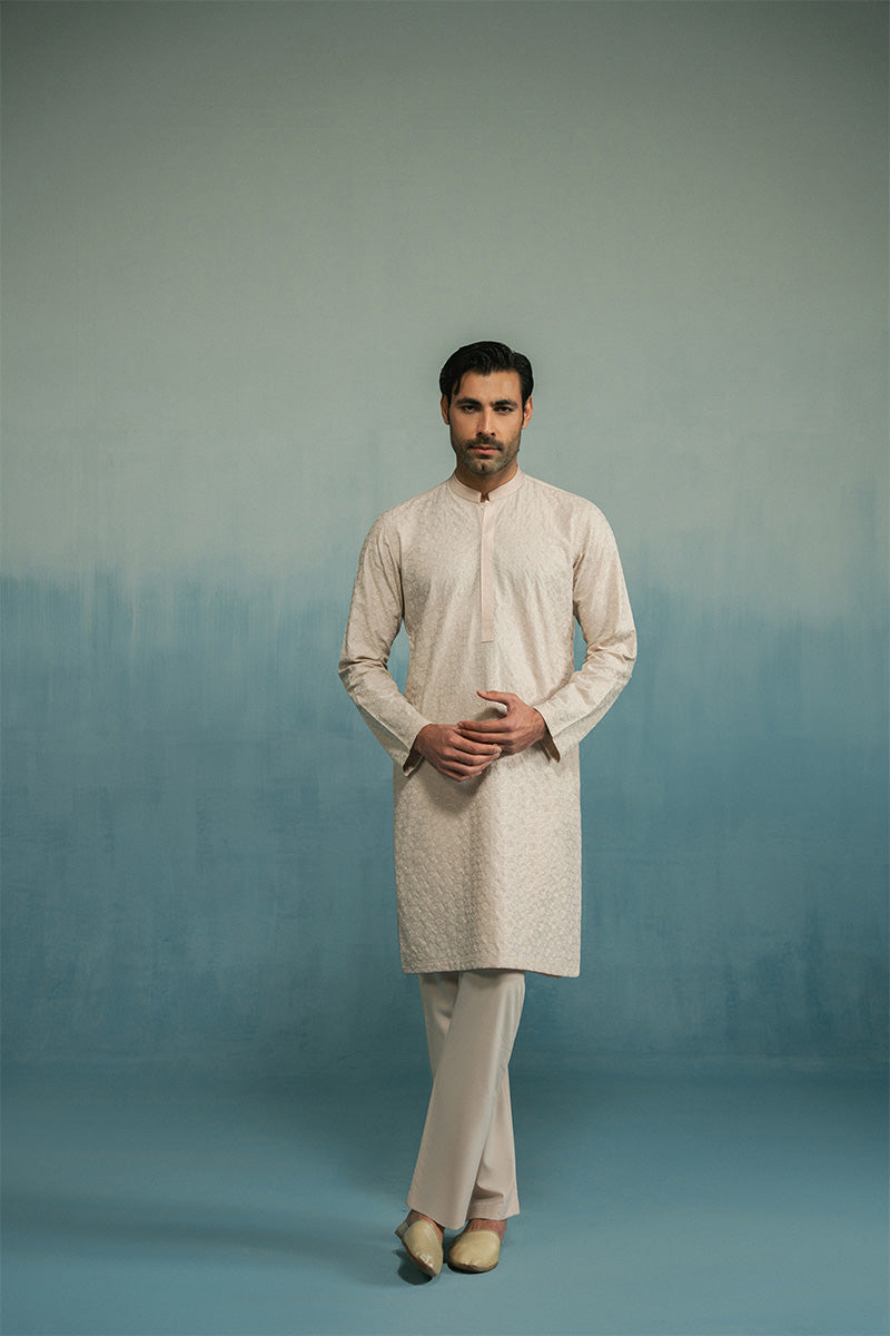 Cream Floral Embroidered Kurta Pajama (2-Piece) - Image 5