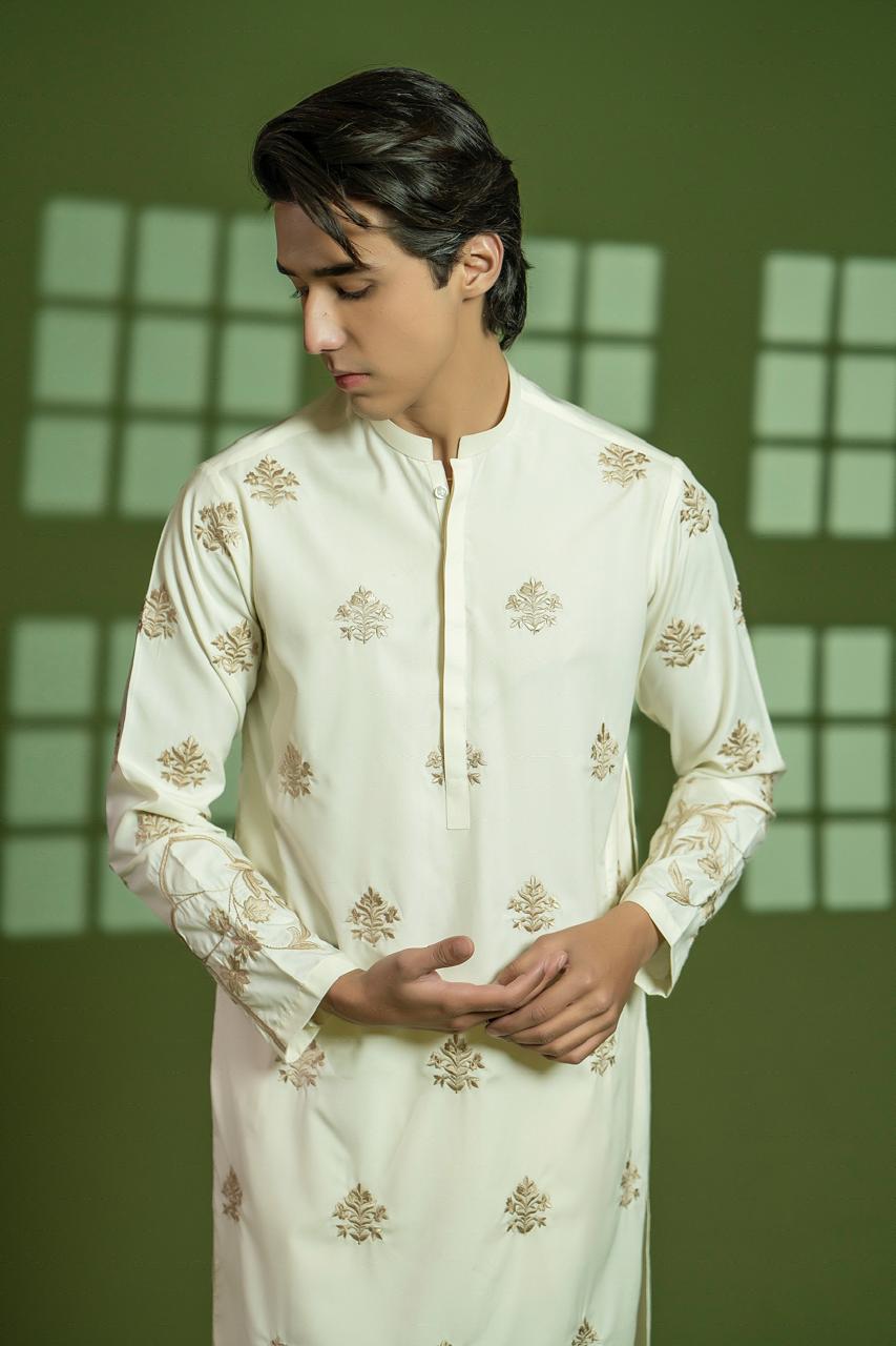 Cream Embroidered Wash-and-Wear Kurta (2-Piece) - Image 3