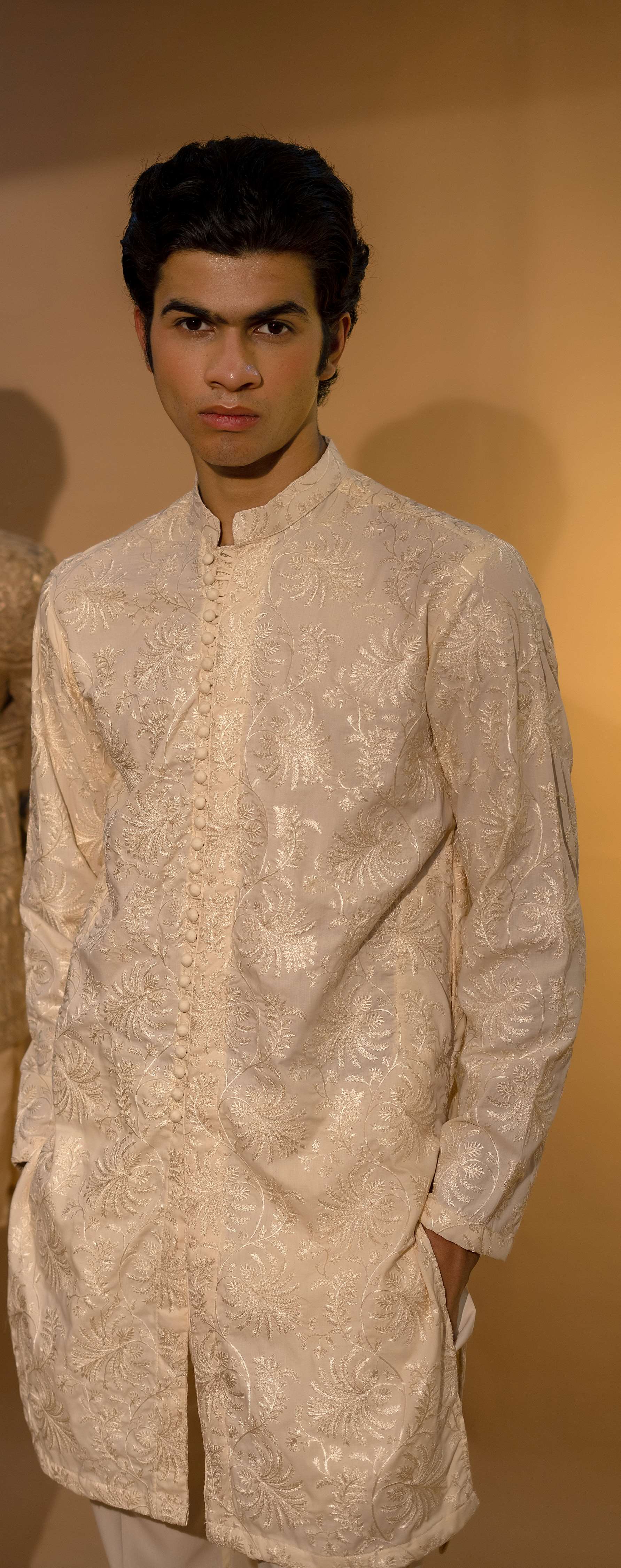 Cream Embroidered Wash & Wear Men’s Kurta (2-Piece) - Image 3