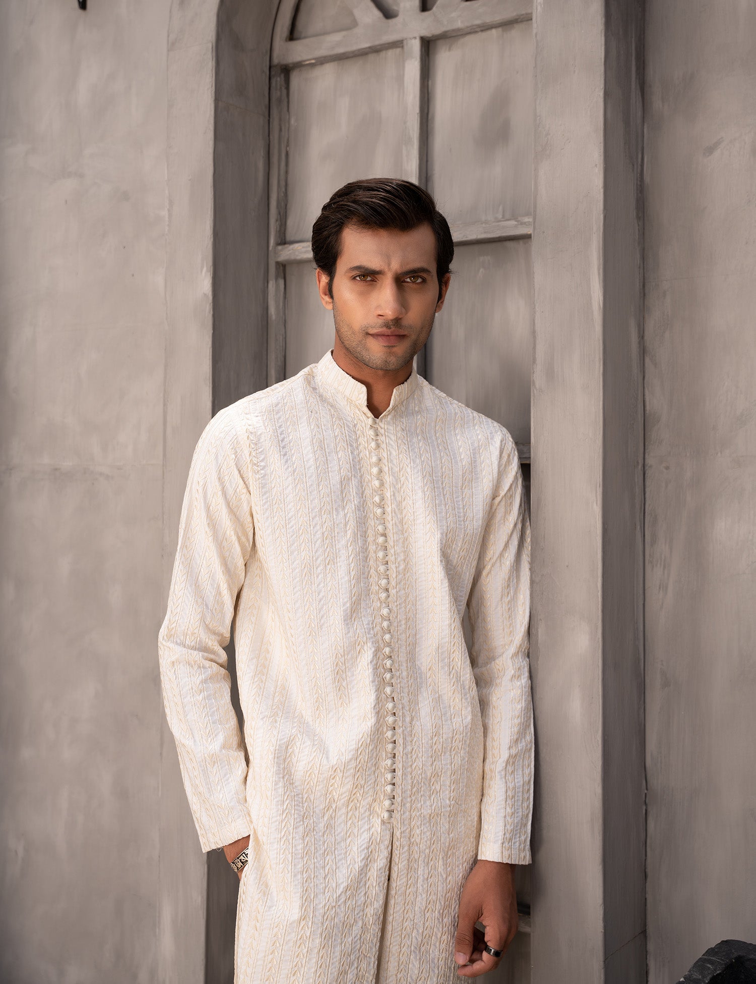 Cream Embroidered Wash & Wear Kurta Pajama (2-Piece) - Image 2