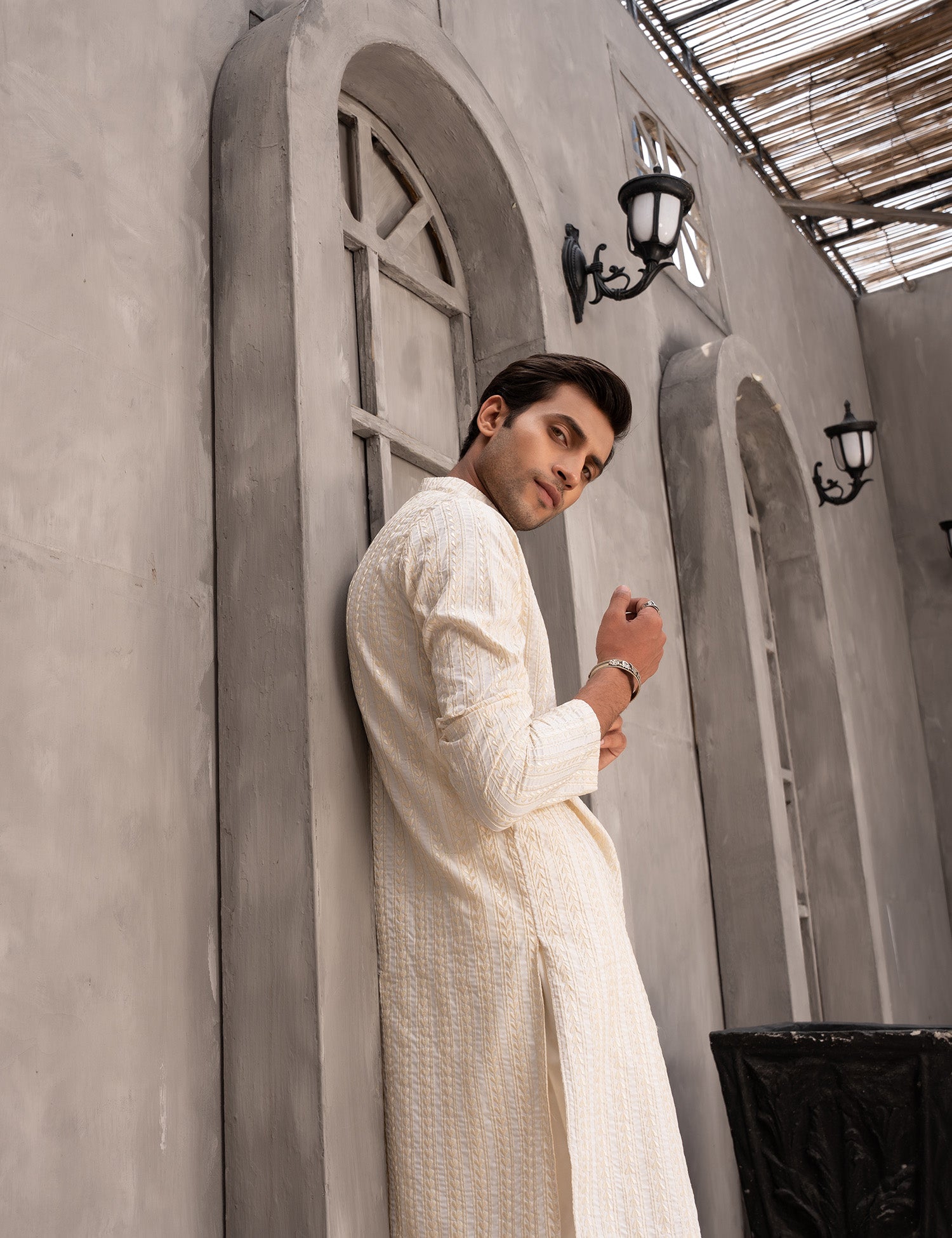 Cream Embroidered Wash & Wear Kurta Pajama (2-Piece) - Image 4