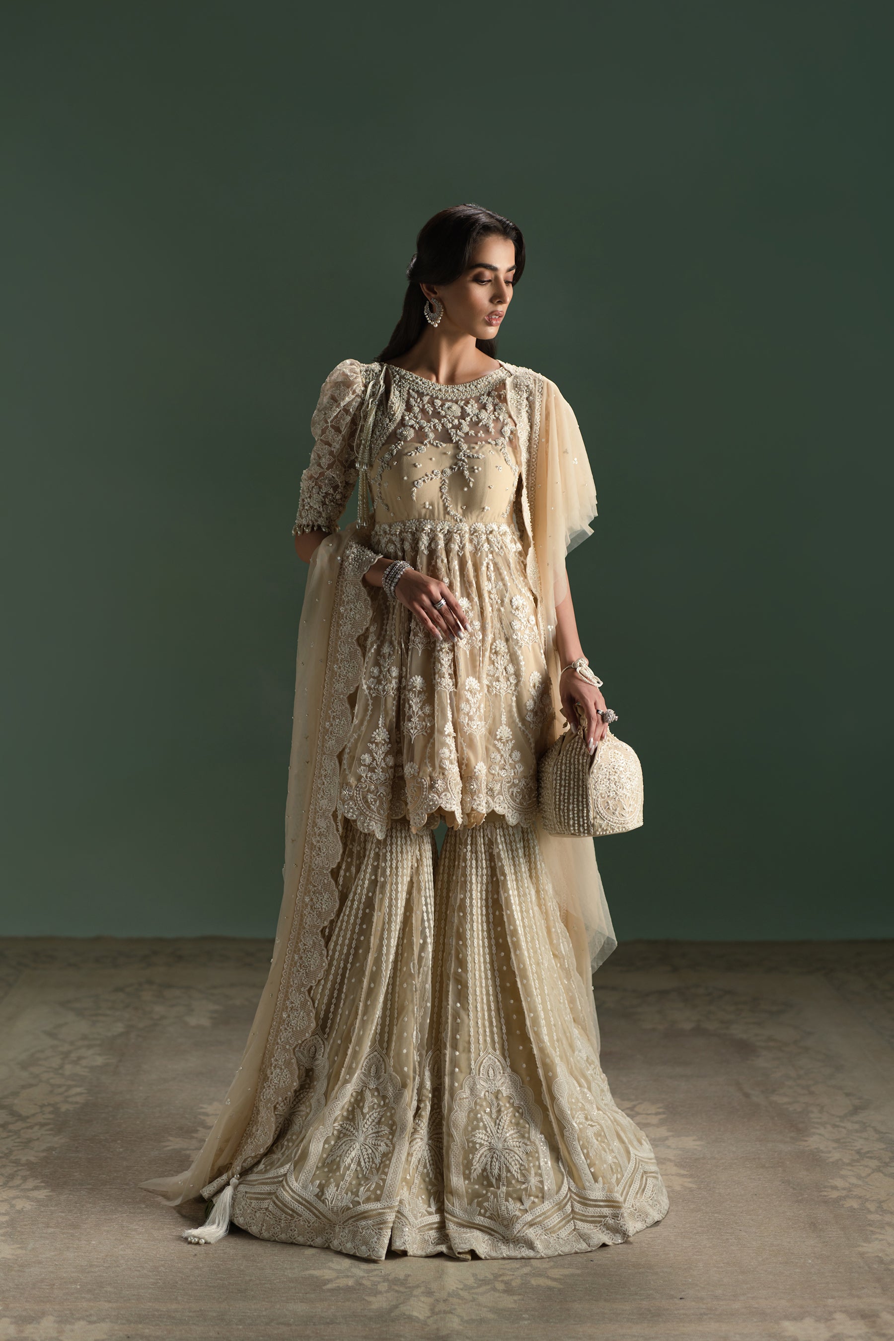 Creamy Cappuccino Embroidered Net Gharara Set (3-Piece) - Image 1