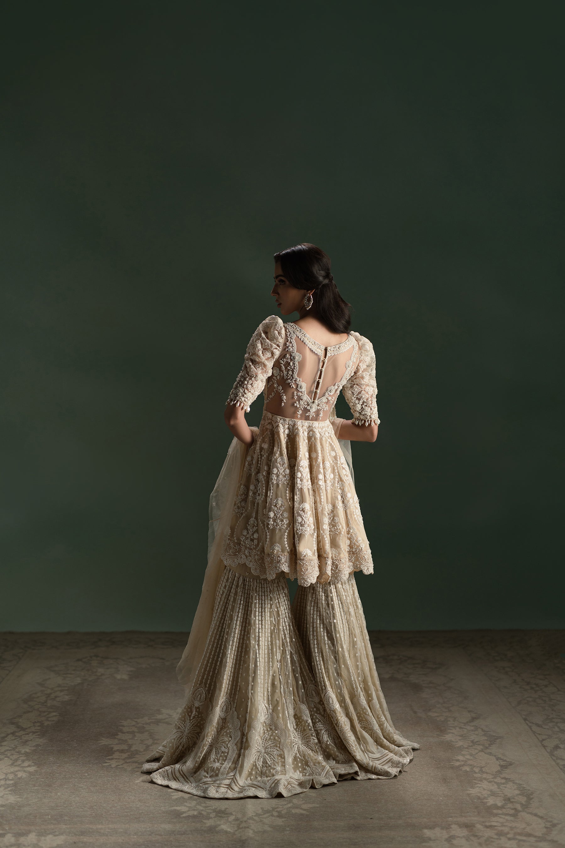 Creamy Cappuccino Embroidered Net Gharara Set (3-Piece) - Image 2