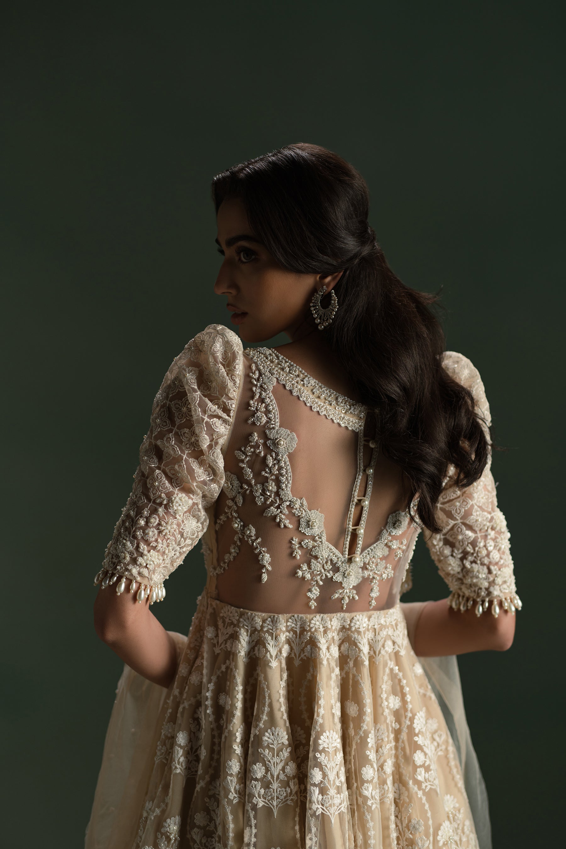 Pakistani Creamy Cappuccino Embellished Net Gharara Set (3-Piece) - Image 3