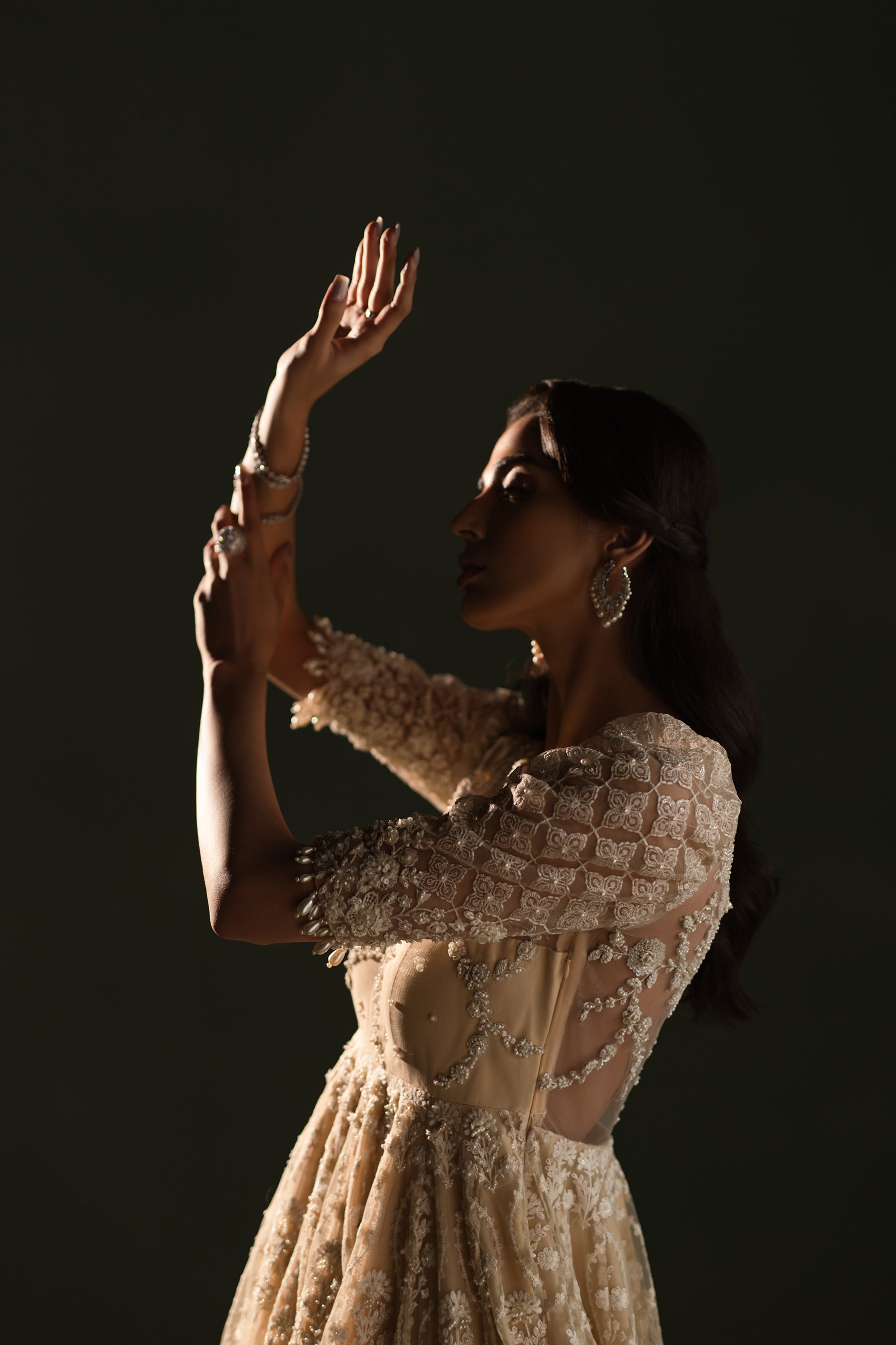 Pakistani Creamy Cappuccino Embellished Net Gharara Set (3-Piece) - Image 4