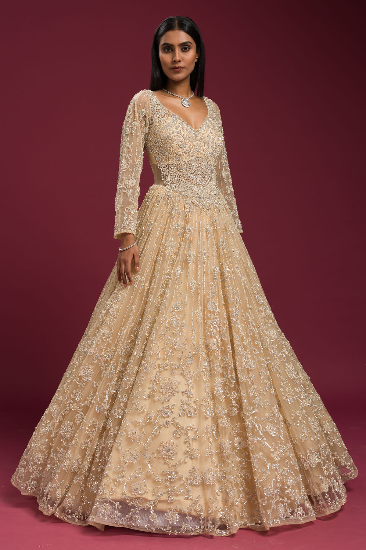 Butter Cream Embroidered Net Evening Gown (1-Pc) - Image 1