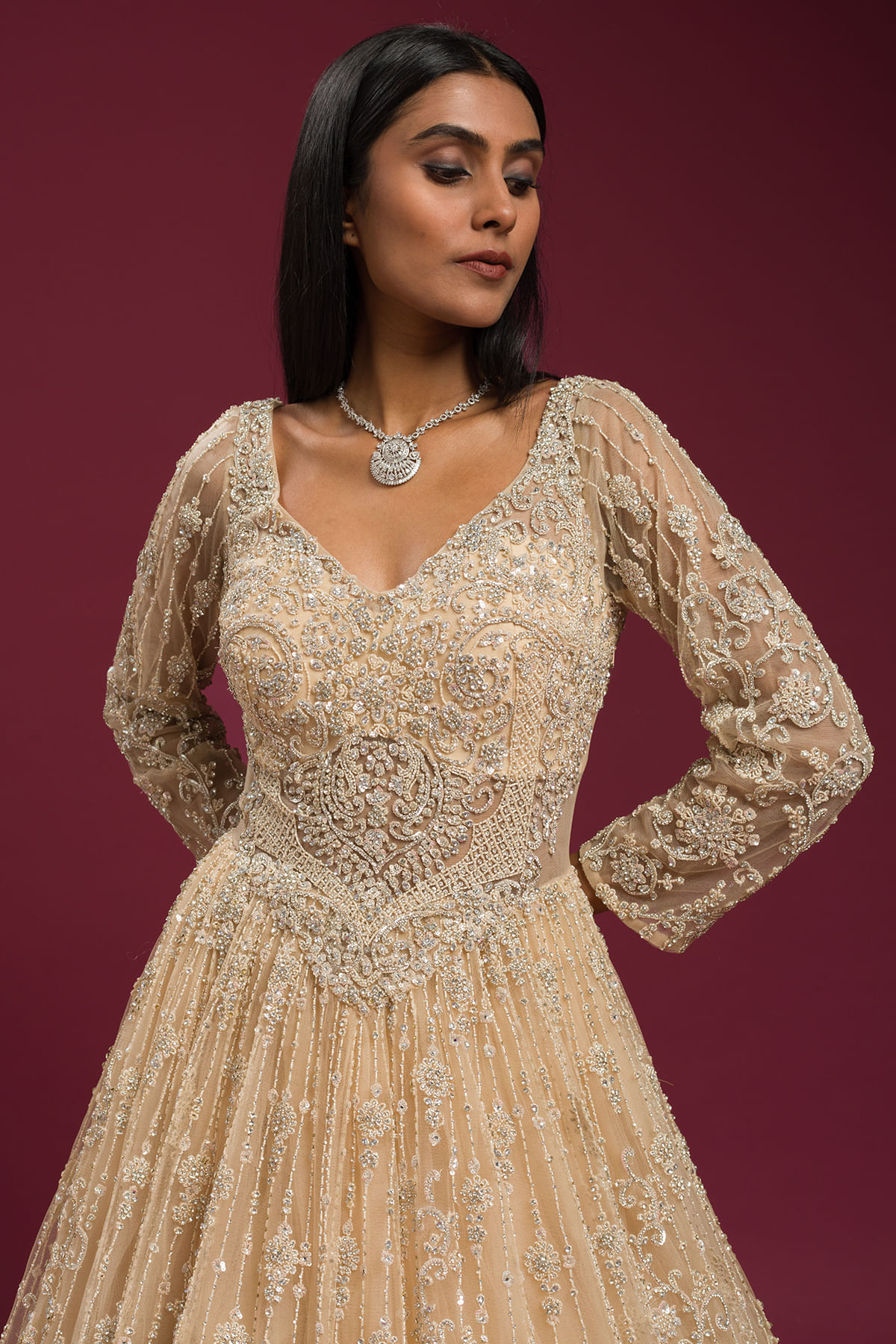 Butter Cream Embroidered Net Evening Gown (1-Pc) - Image 2