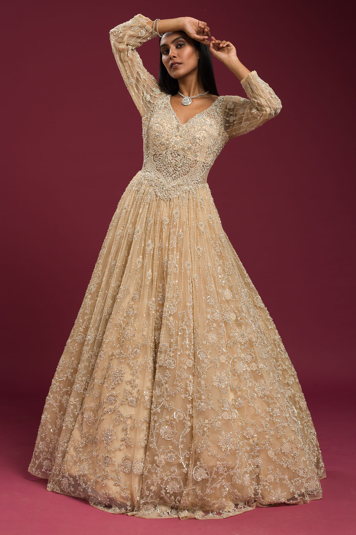 Butter Cream Embroidered Net Evening Gown (1-Pc) - Image 3