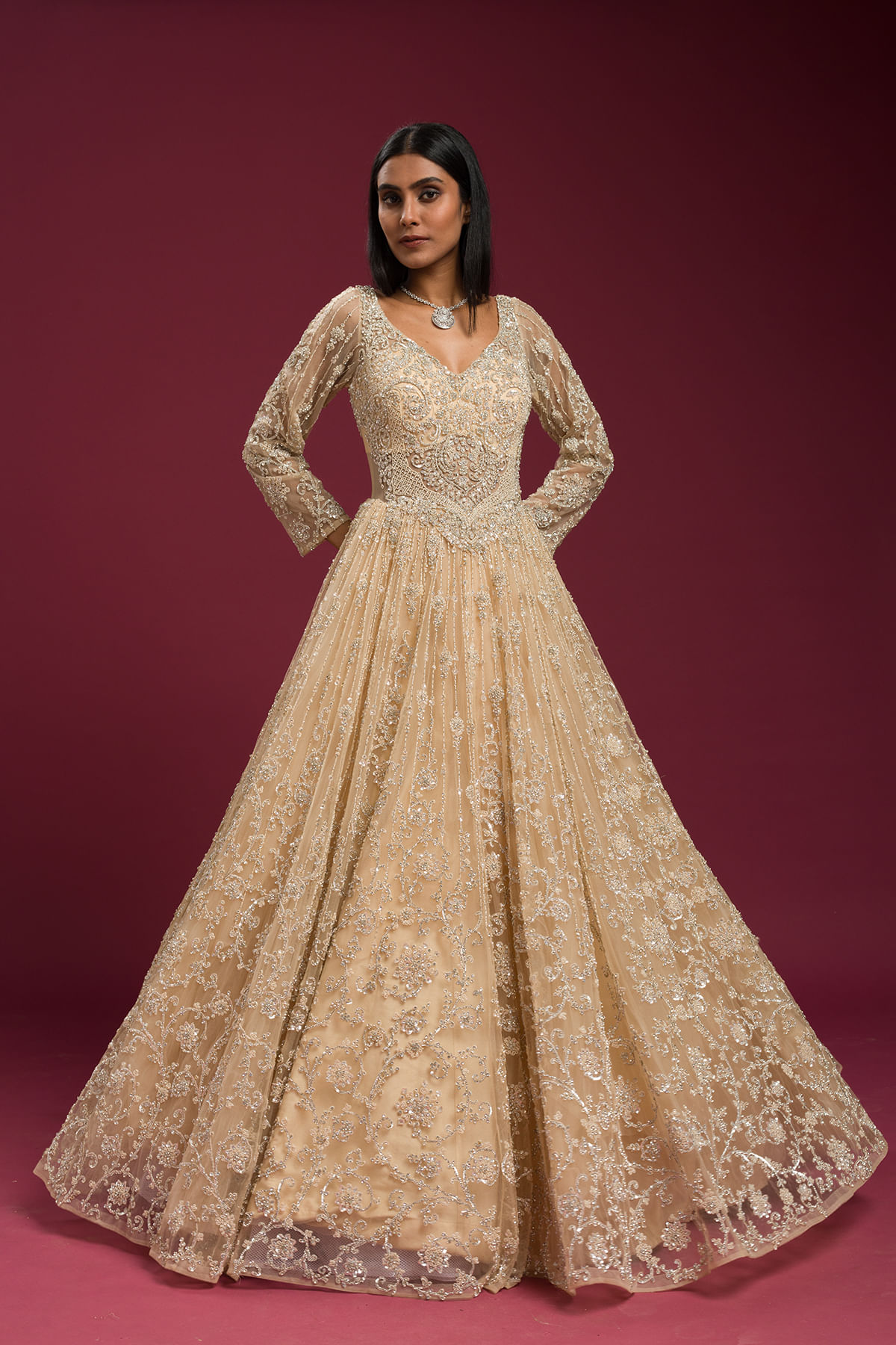 Butter Cream Embroidered Net Evening Gown (1-Pc) - Image 4