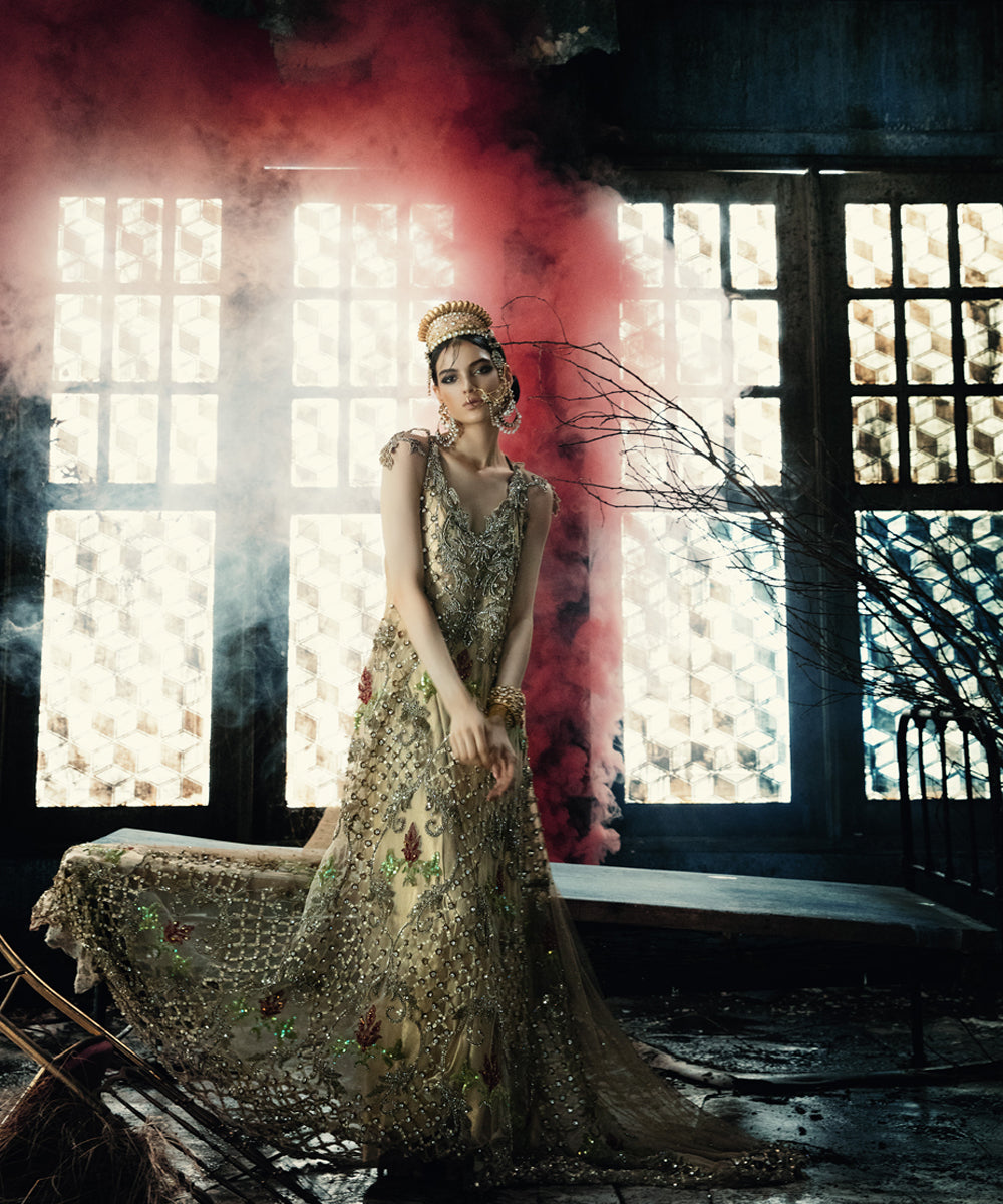 Pakistani Cream Embellished Net Gown (1-Pc) - Image 1