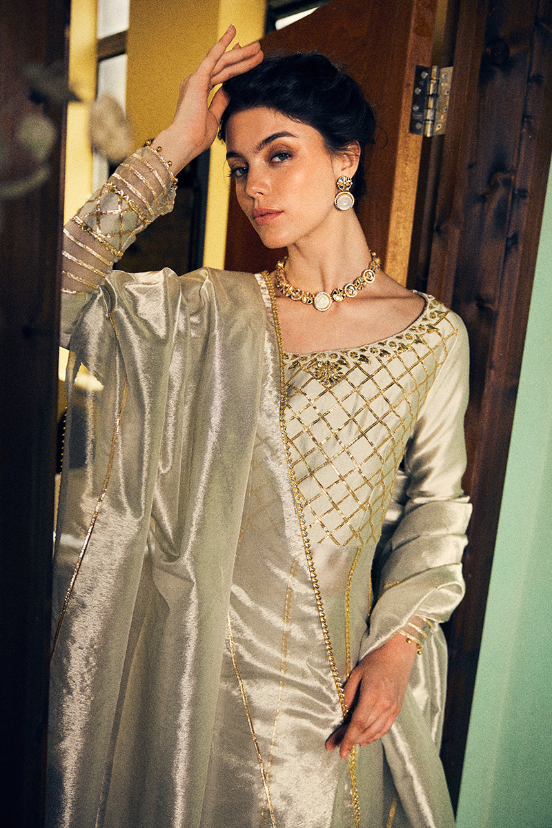 Pakistani Cream Gota Embroidered Sheesha Silk Gown (2-Piece) - Image 2