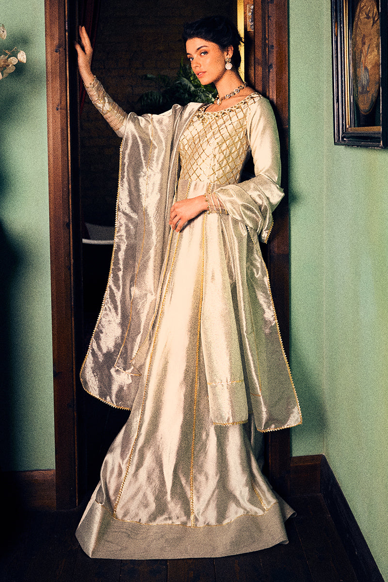 Pakistani Cream Gota Embroidered Sheesha Silk Gown (2-Piece) - Image 3
