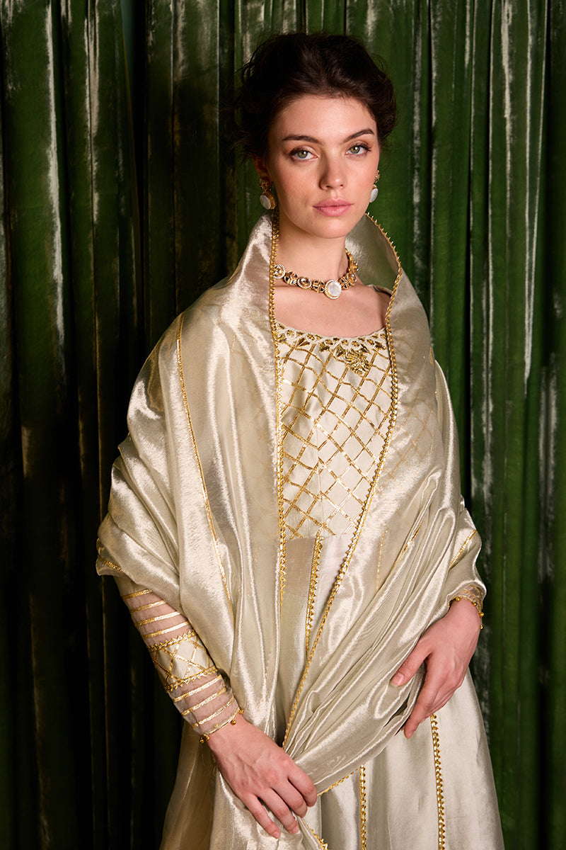 Pakistani Cream Gota Embroidered Sheesha Silk Gown (2-Piece) - Image 6