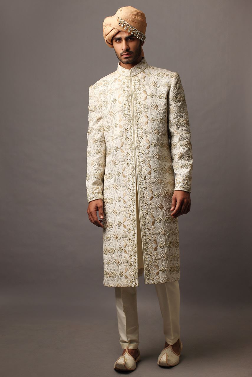 Cream Embroidered Self Jamawar Sherwani (2-Piece) - Image 1