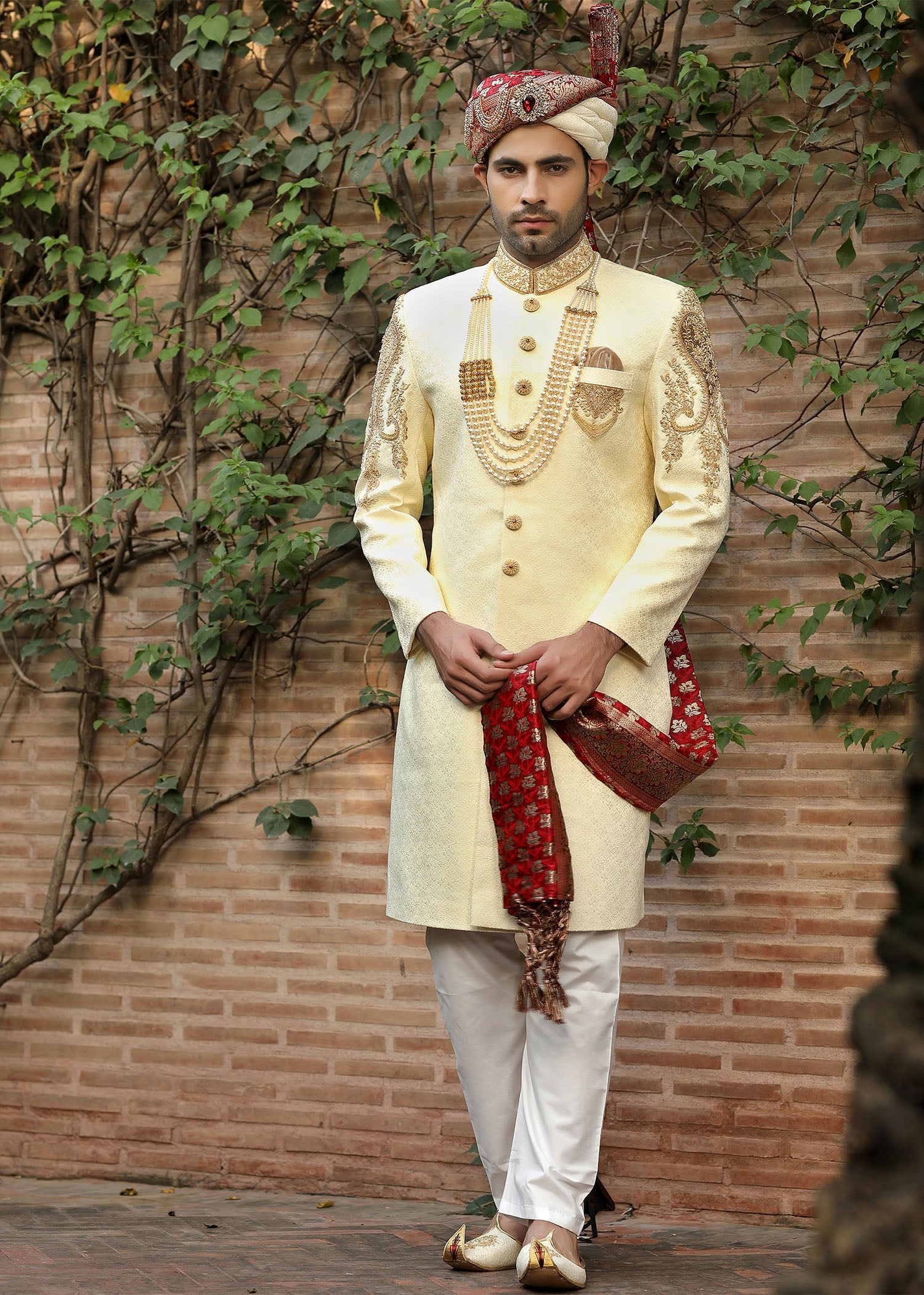 Cream Hand-Embroidered Jamawar Sherwani (5-Piece) - Image 1
