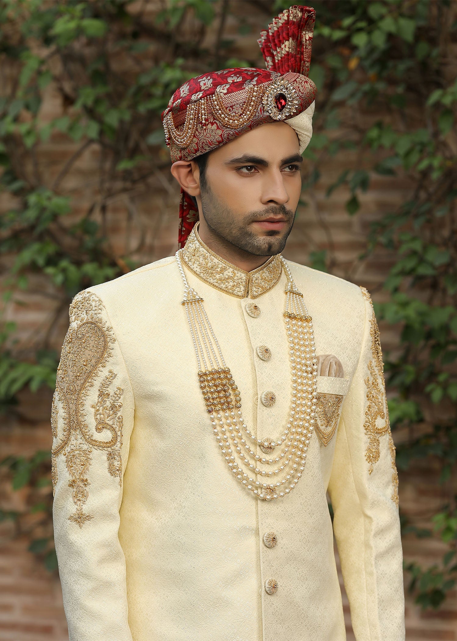 Cream Hand-Embroidered Jamawar Sherwani (5-Piece) - Image 2
