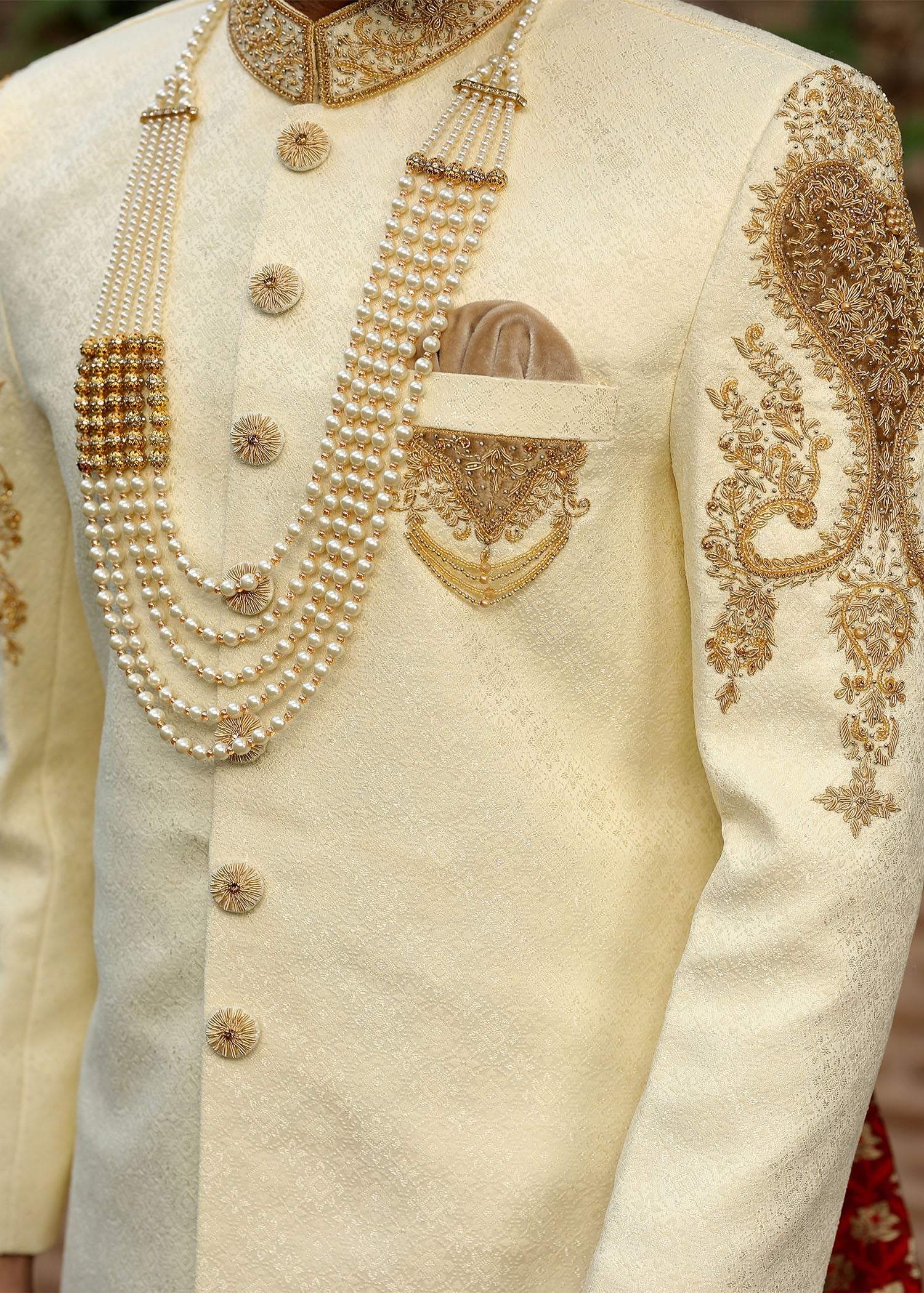 Cream Hand-Embroidered Jamawar Sherwani (5-Piece) - Image 3