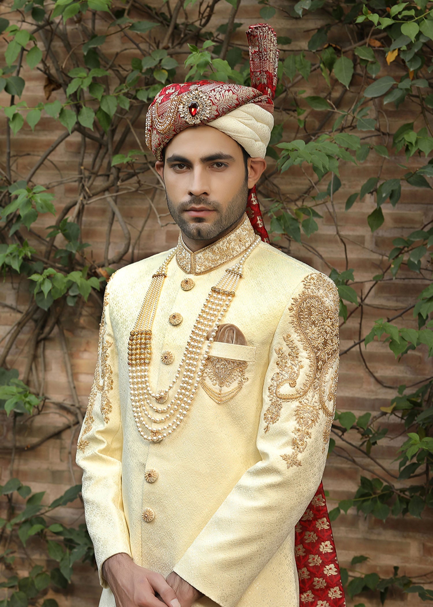 Cream Hand-Embroidered Jamawar Sherwani (5-Piece) - Image 4