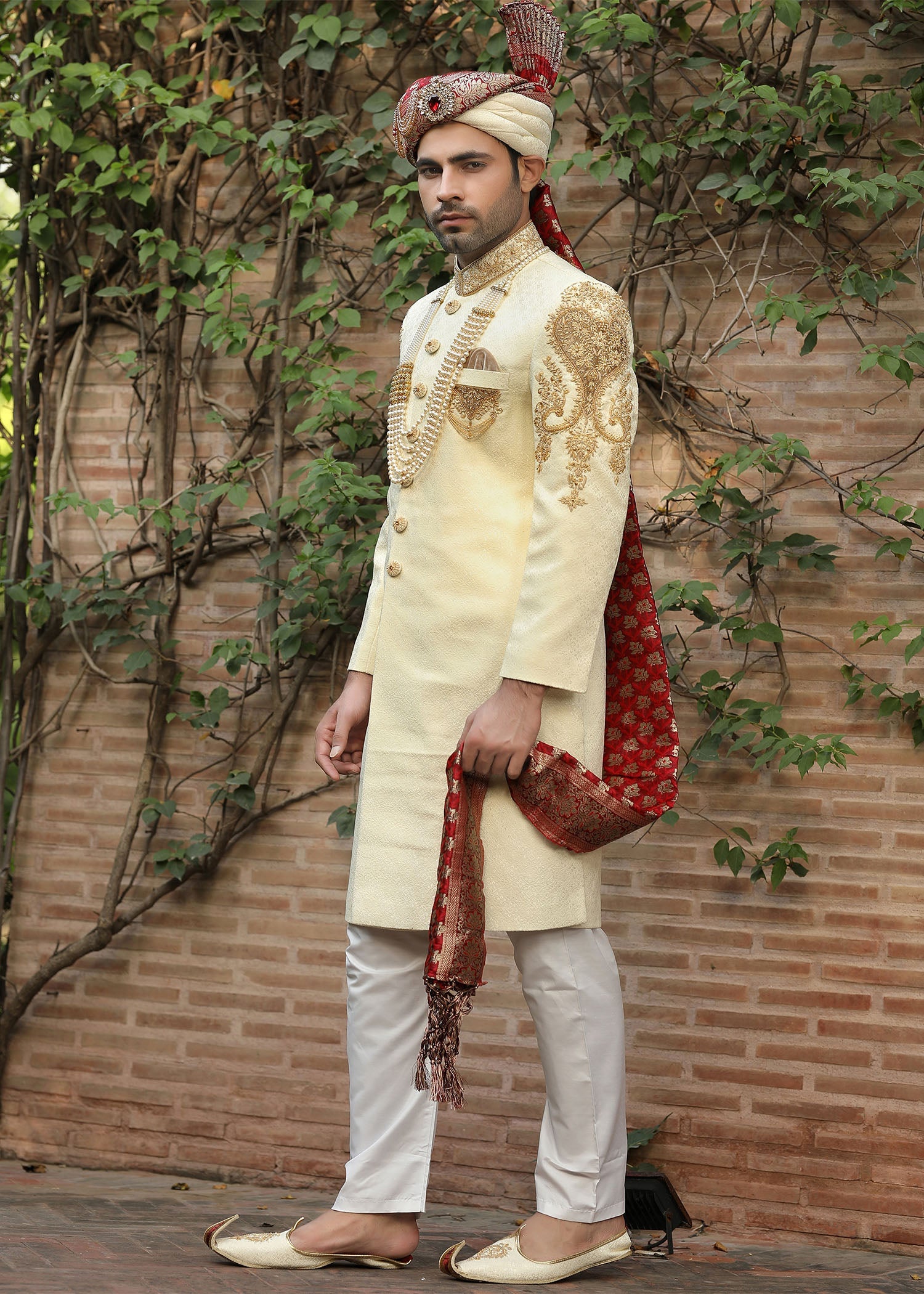 Cream Hand-Embroidered Jamawar Sherwani (5-Piece) - Image 5