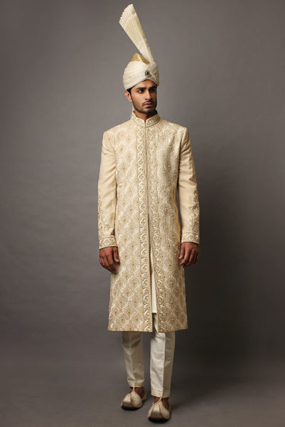 Cream Embroidered Self Jamawar Sherwani (2-Piece) - Image 1