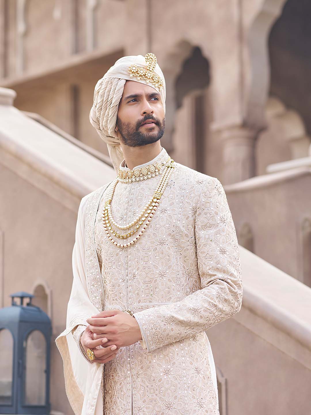 Cream Embroidered Raw Silk Sherwani Set (5-Piece) - Image 3