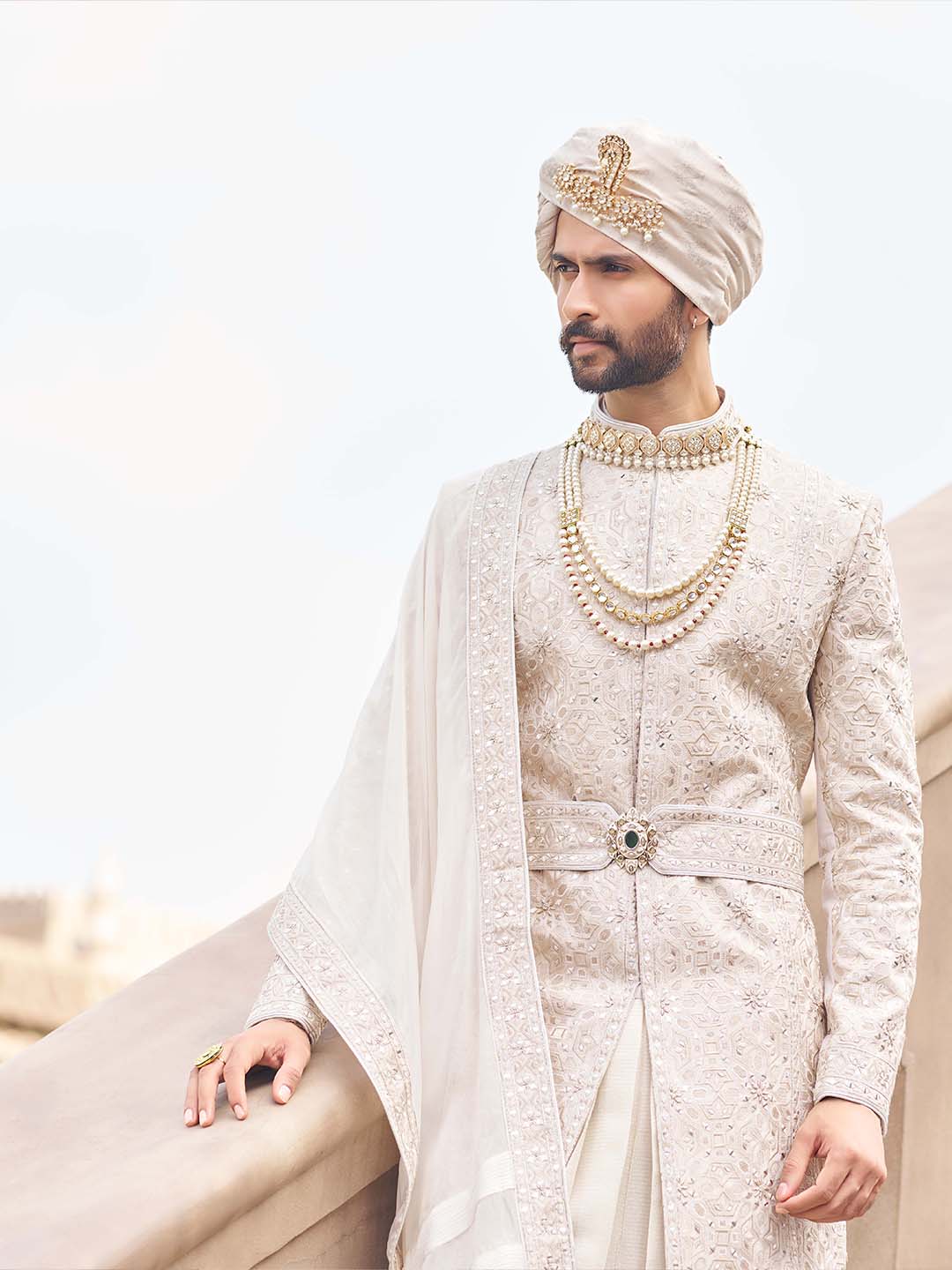 Cream Embroidered Raw Silk Sherwani Set (5-Piece) - Image 5