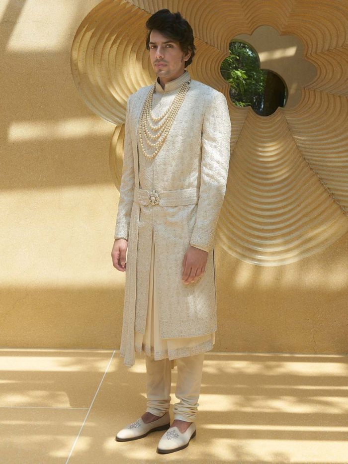 Cream Embroidered Silk Sherwani Set (5-Piece) - Image 1