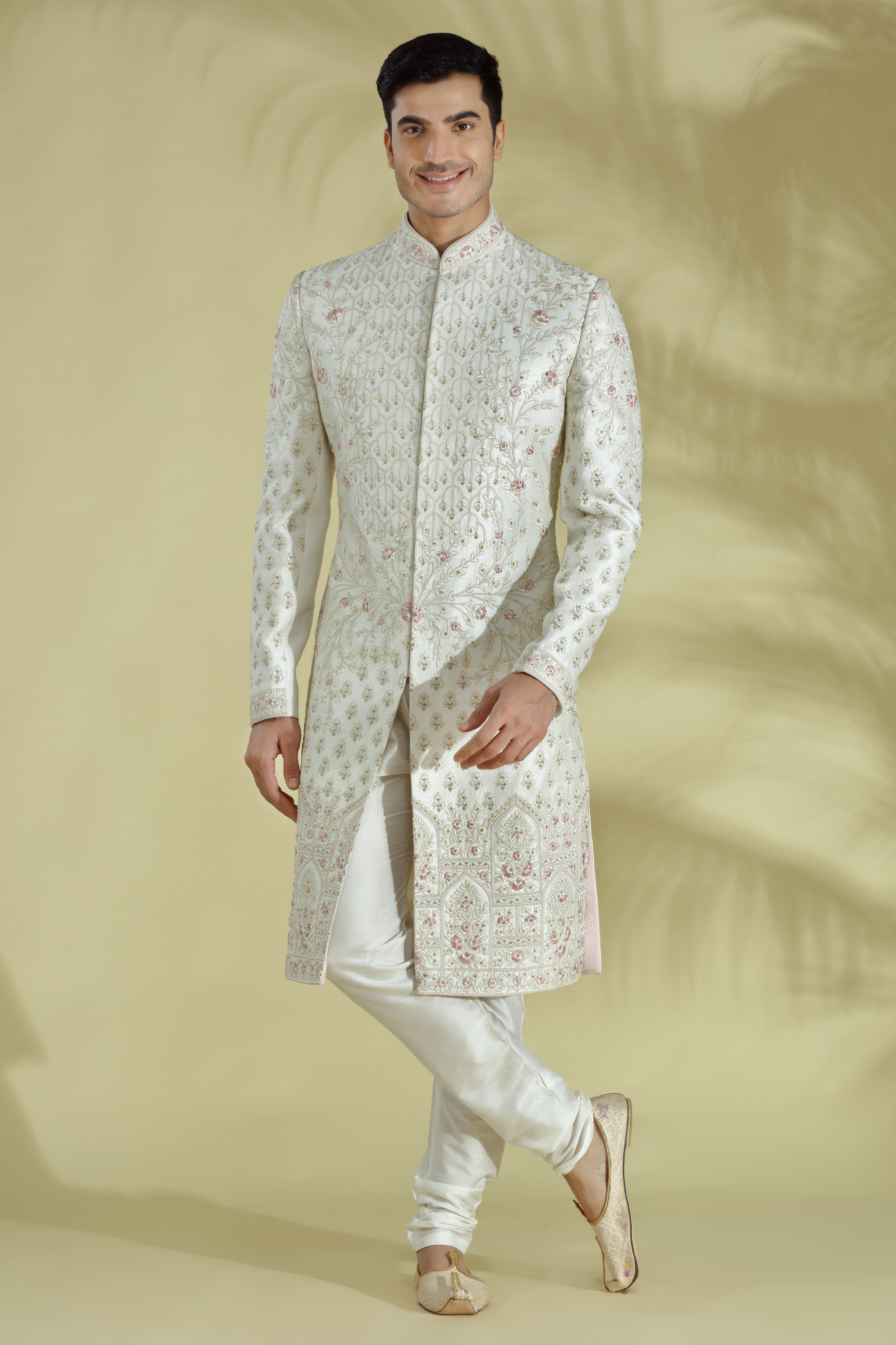 Cream Embroidered Silk Sherwani (2-Piece) - Image 1