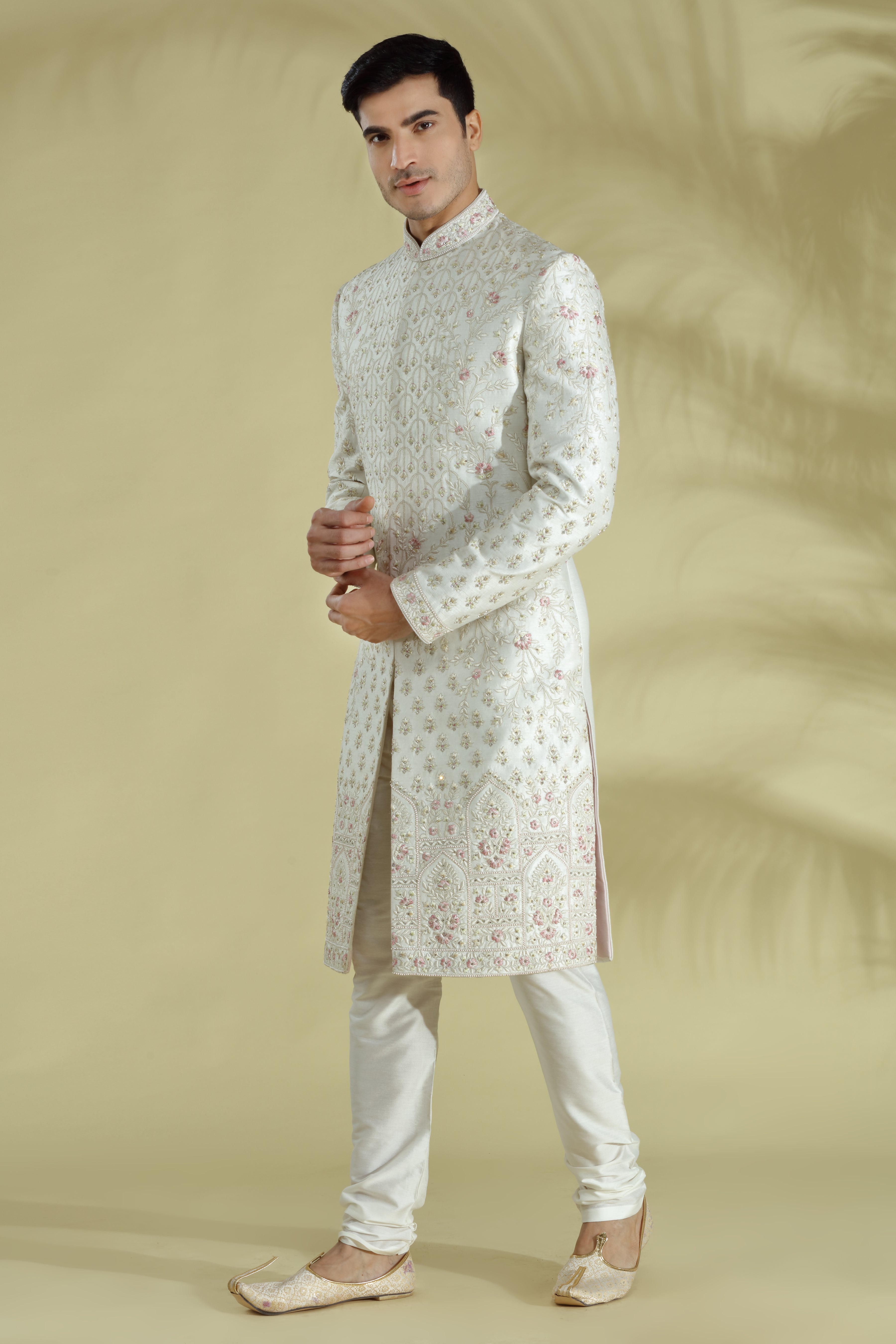 Cream Embroidered Silk Sherwani (2-Piece) - Image 2