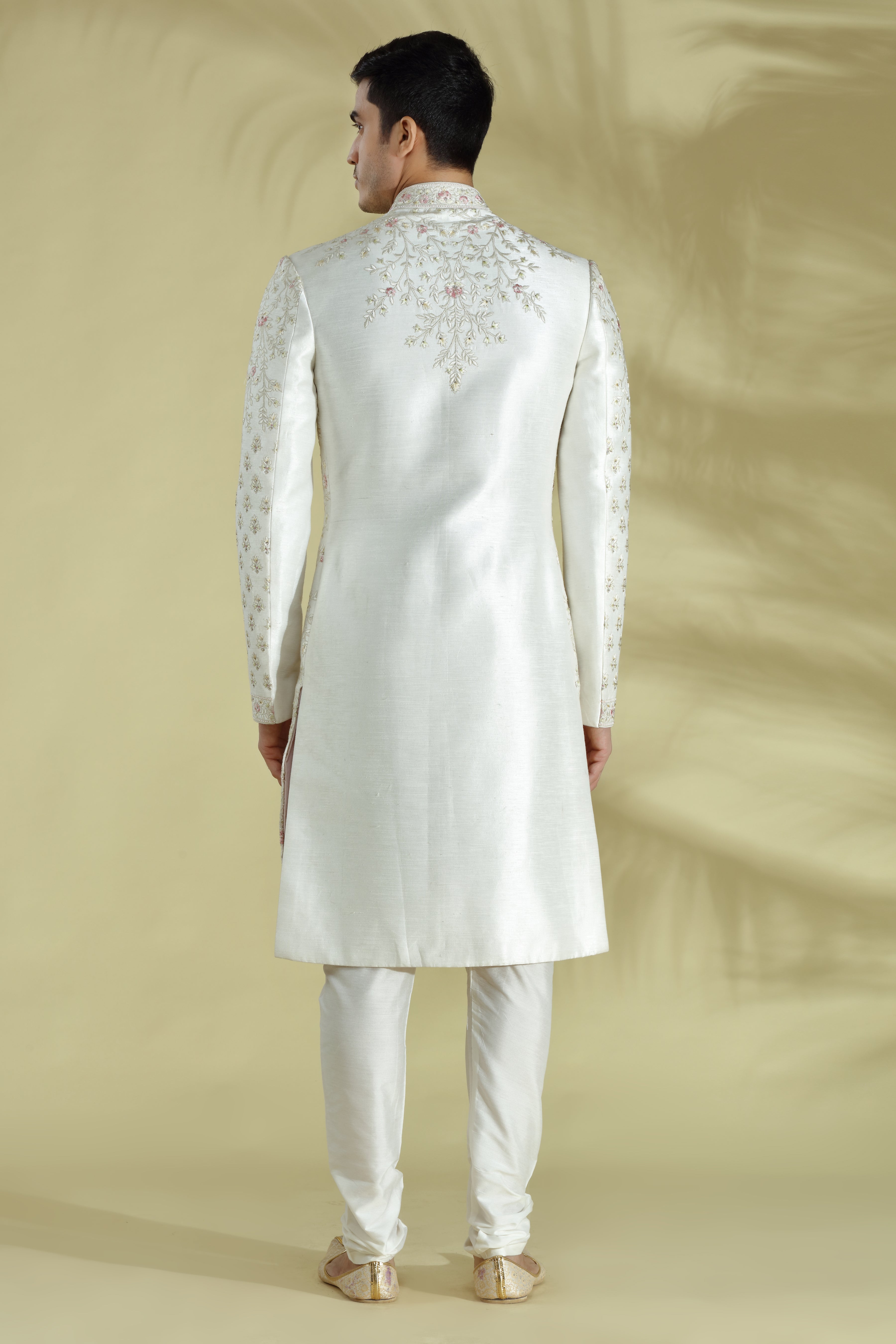 Cream Embroidered Silk Sherwani (2-Piece) - Image 3
