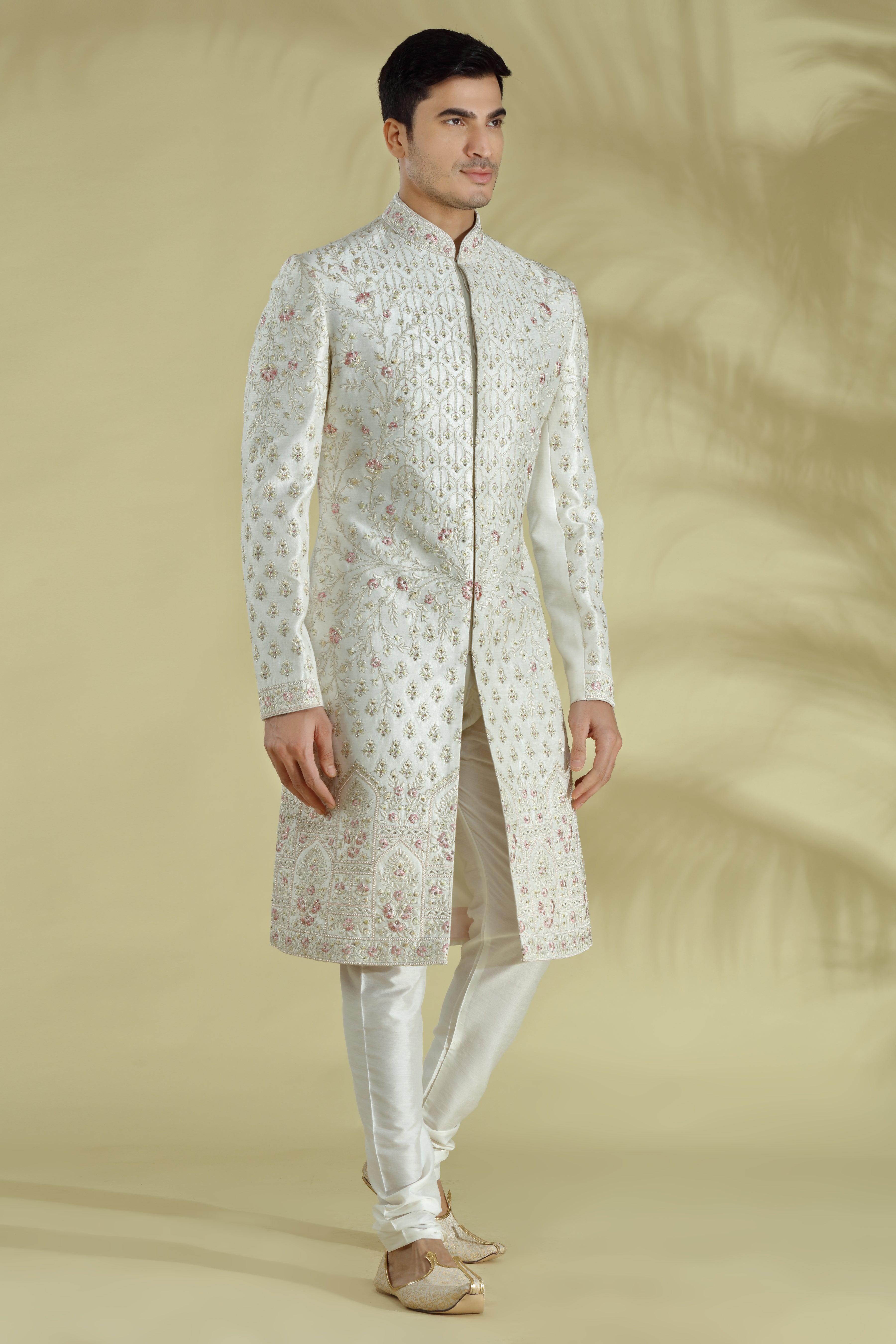 Cream Embroidered Silk Sherwani (2-Piece) - Image 4