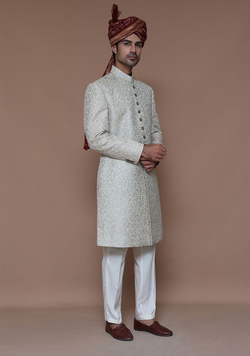 Creme Zari Karandi Jamawar Sherwani (2-Piece) - Image 1