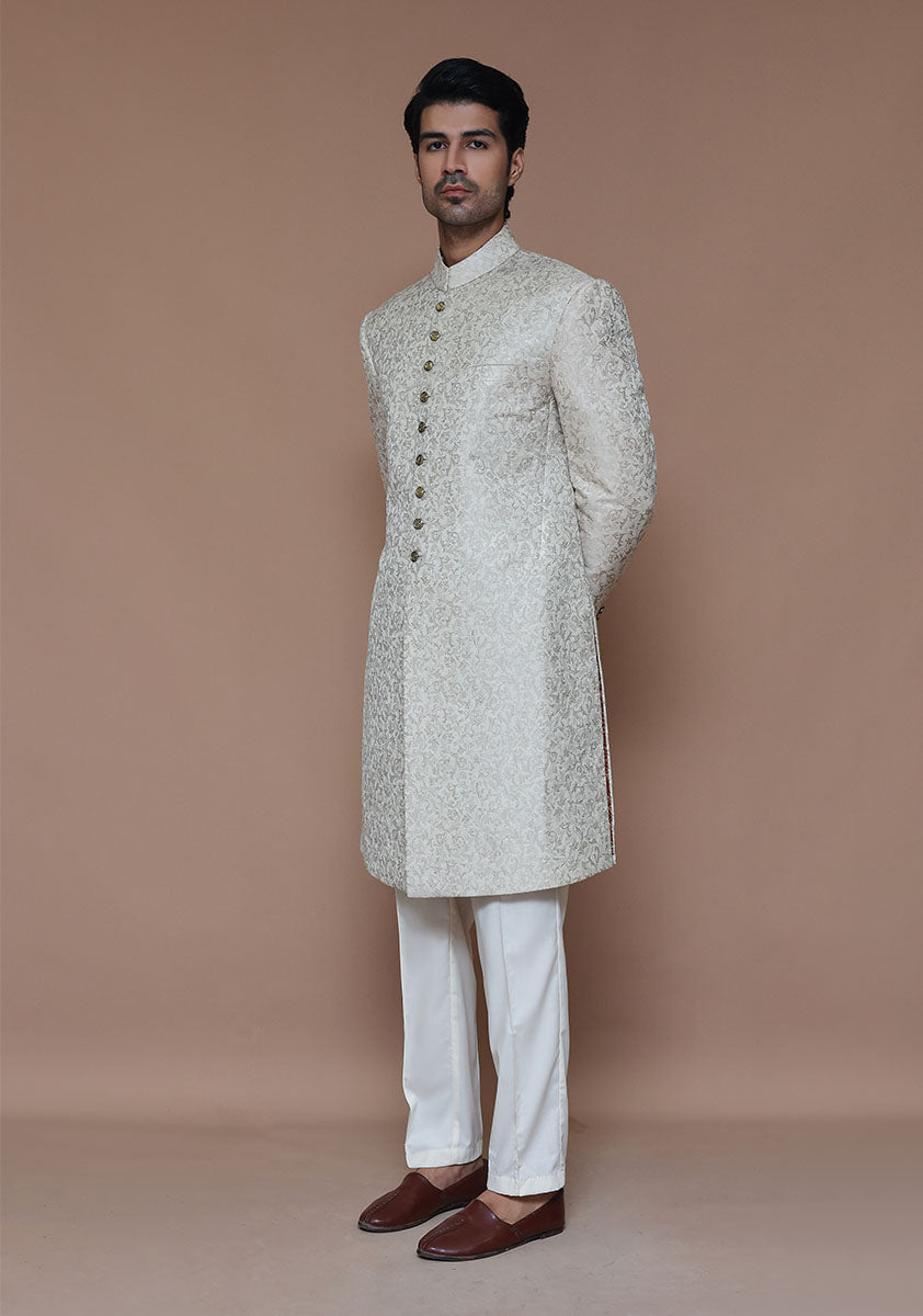 Creme Zari Karandi Jamawar Sherwani (2-Piece) - Image 3