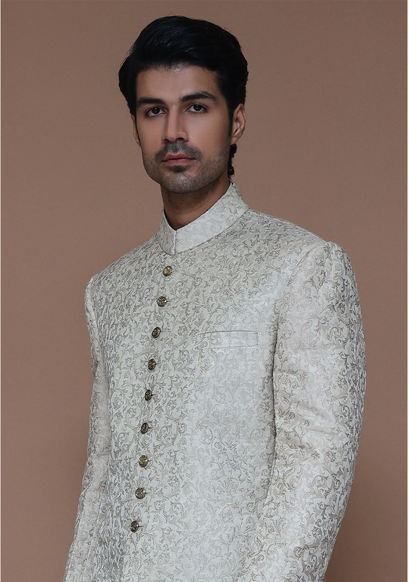 Creme Zari Karandi Jamawar Sherwani (2-Piece) - Image 4