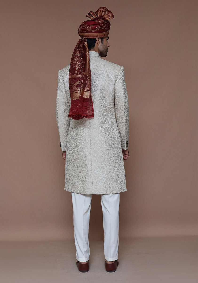 Creme Zari Karandi Jamawar Sherwani (2-Piece) - Image 5