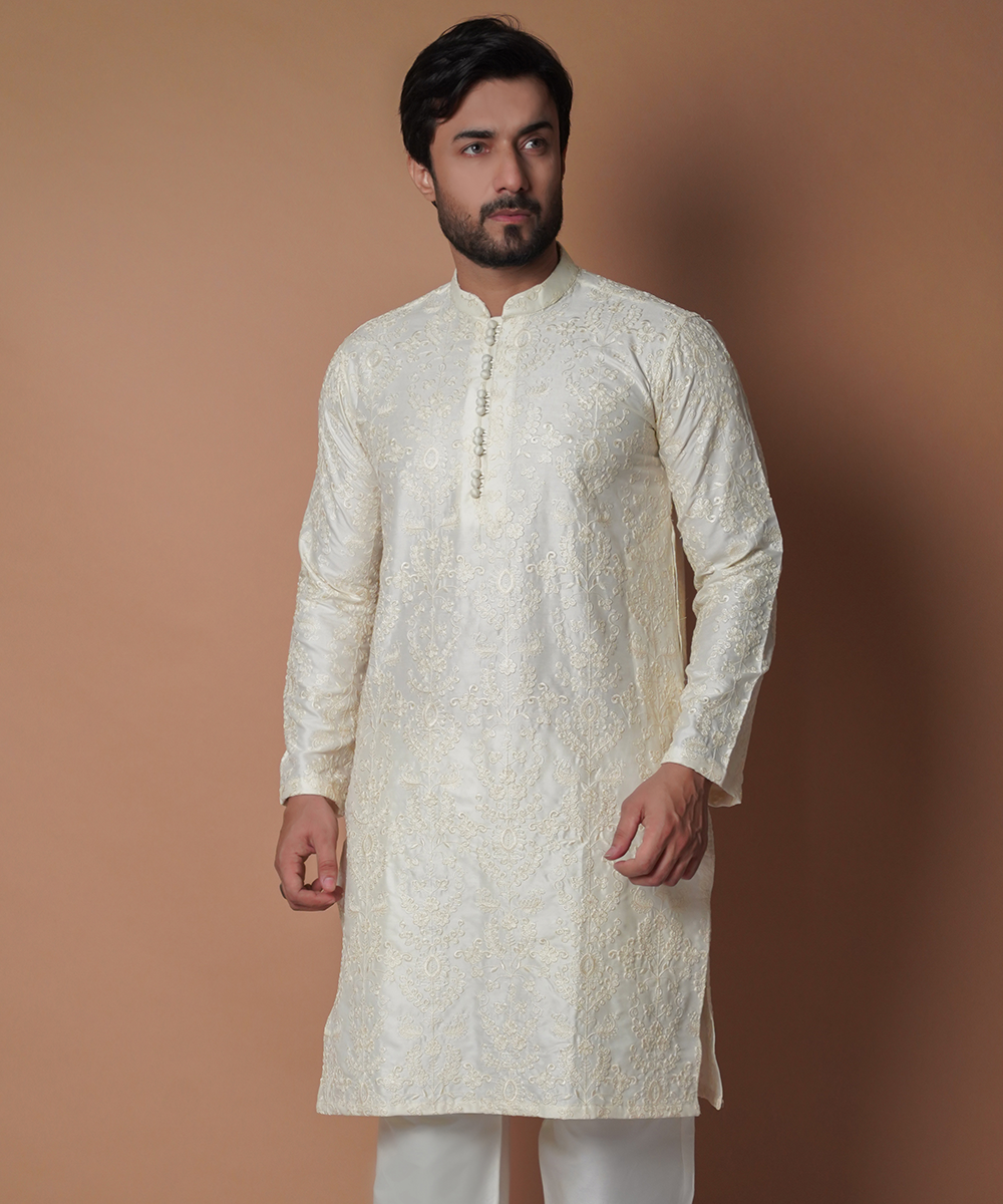 Cream Chikankari Cotton Kurta & Pyjama (2-Piece) - Image 1