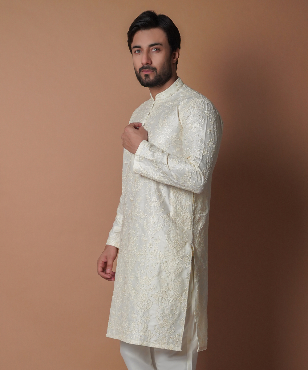 Cream Chikankari Cotton Kurta & Pyjama (2-Piece) - Image 3