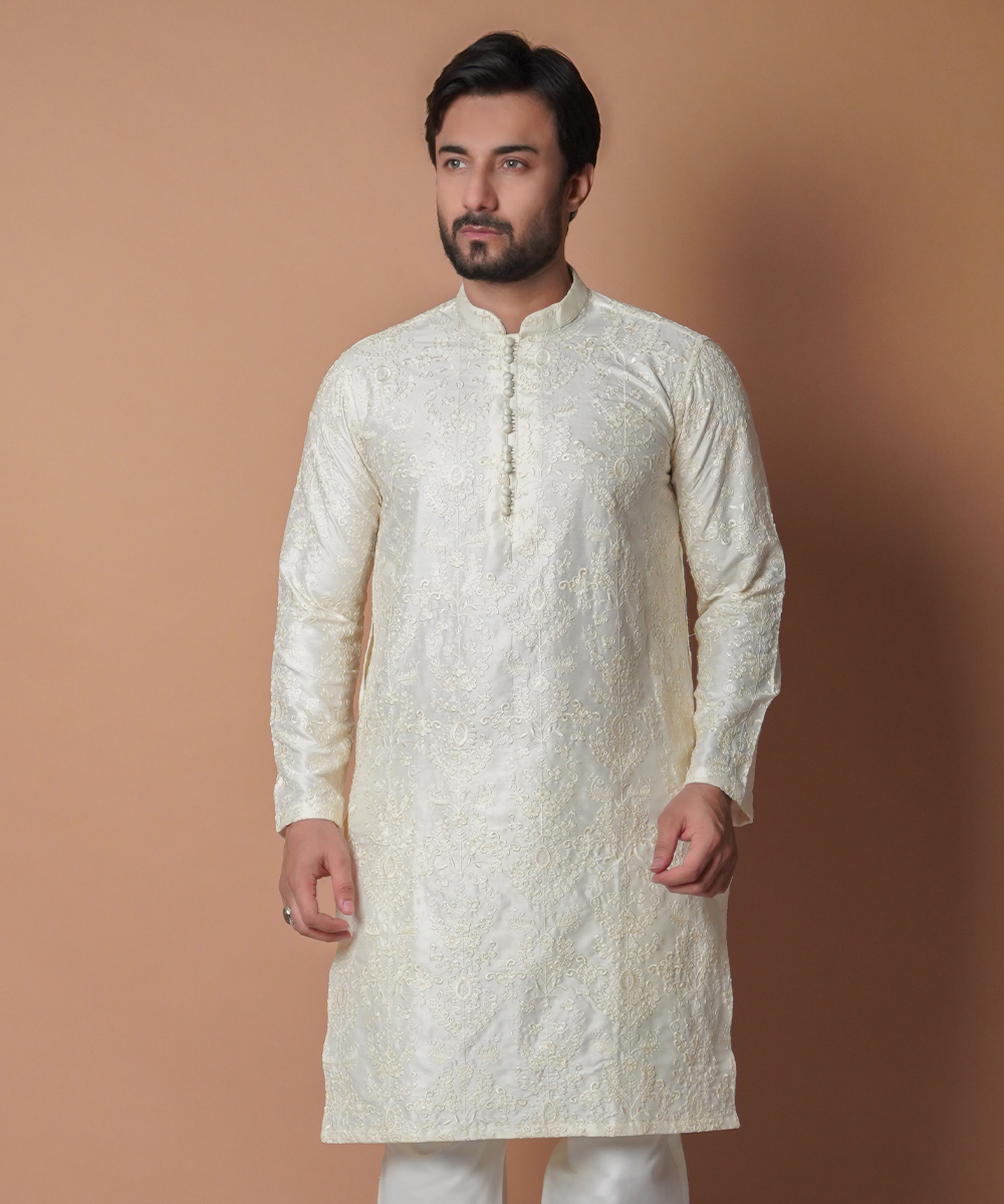 Cream Chikankari Cotton Kurta & Pyjama (2-Piece) - Image 5
