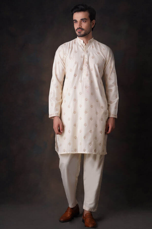 Cream Chikankari Soft Cotton Kurta Pajama (2-Piece) - Image 2