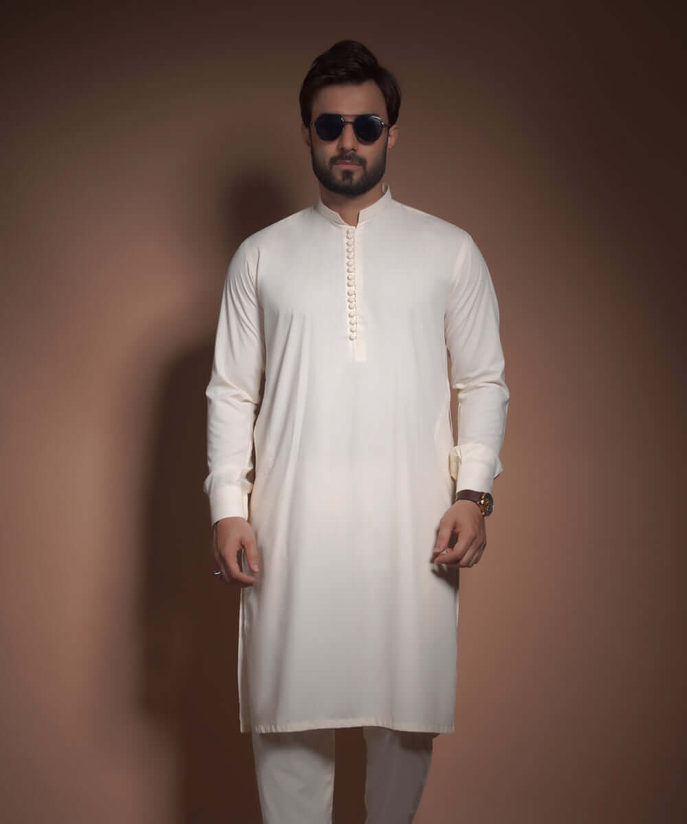 Cream Cotton-Viscose Slim Fit Kurta Pajama (2-Piece) - Image 1